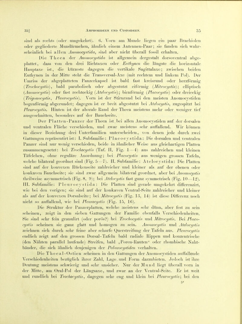 sliid ak reclits (oder iiingekehrt). 6. Voi-ii am Miiiide liegen eiii paar JW-acliiolen oder gegdiederte Muiidarmchen, almlich eiiiem Anteiinen-Paar; aie fanden sicli wahr- scliciidicli Lei alien Anomocystida, sind aber iiiclit iiberall fossil erlialten. Die Tlieca der Anomocystida ist allgemeiii dergestalt dorsoventral abge- plattet, dass von den drei Eichtaxen oder Exthynen die langste die liorizontale Hauptaxe ist, die kilrzeste dagegen die vertikale Sagittalaxe; zwisclien beiden Eutliynen in der Mitte stelit die Transversal-Axe (mit reclitem und linkeni Pol). Der Umriss der abgeplatteten Panzerkapsel ist bald fast kreisrund oder lierzformig (Trochocystis), bald paraboliscli oder abgestntzt eiformig [Mitrocystis) ] elliptiscli (Aiiomocysfis) oder fast reeliteckig [Atelocysiis); birnformig (Plococystis) oder dreieckig [Triyonocystis^ Pleurocy^tls). ^''orn ist der Stirnrand bei den nieisten Anomocystiden bogenformig abgerundet; dagegen ist er breit abgestntzt bei Atelocystis^ zugespitzt bei Pleiirocyfitis. Hinten ist der aboralc liand der Tlieca nieistens nielir oder weniger ticf aiisgesclmitten, besondei's auf der Bauchseite. Der Platten-Panzer der Theea ist. bei alien Anomocystiden auf der dorsalen und ventralen Flaclie verscliieden, und zwar meistens sehr autfallend. Wir konnen in dieser Beziehung drei Unterfamilien untersclieiden, von denen jede durcli zwei Gattungen reprasentirt ist: I. Subfamilie : Placocystida: Die dorsalen und ventralen Panzer sind nur wenig verschieden, beide in almliclier Weise aus gleicliartigen Platten zusammengesetzt: bei Trochocystis (Taf. IT, Fig. 1—4) aus zaldreiclien und kleinen Tafelclien, olme regulare Anordnung; bei Placocystls aus wenigen grossen Tafeln, welclie bilateral geordnet sind (Fig. 5—7). II. Subfamilie: Atelocystida: Die Platten sind auf der konvexen Klickenseite zaldreicher und kleiner als auf der ebenen oder konkaven Bauchseite; sie sind zwar allgeraein bilateral geordnet, aber bei Anomocystis theilweise asymmetrisch (Fig. 8, 9); bei Atelocydia fast ganz symmetriscli (Fig. 10—12). III. Subfamilie: Pleurocystida : Die Platten sind gerade umgekehrt ditferenzirt, wie bei den vorigen; sic sind auf der konkaven Ventral-Seite zaldreicher und kleiner als auf der konvexen Dorsalseite; bei Mitrocystis (Fig. 13, 14) ist diese Dift'erenz noch nicht so auii'allend, wie bei Pleurocystis (Fig. 15, 16). Die Struktur der Fanzerplatten, welche meistens sehr dihni, aber fest zu sein scheinen, zeigt in den sieben Gattungen der Familie ebenfalls Verschiedeidieiten. Sie sind sehr fein granulirt (oder poros?) bei Trochocystis und Mitrocystis. Bei Placo- cystls scheinen sie ganz glatt und liomogen zu sein. Anomocystis und Atelocystis zeichnen sich durch sehr feine aber scliarfe Querstreifung der Tafeln aus'. Pleurocystis endlich zeigt auf den grossen Dorsal-Tafeln bald radiale Rippen und konzentrische (den Niiliten parallel lanfende) Streifen, bald „ Poren-Rauten oder rliombische Naht- biinder, die sich ahnlich denjenigen der Palaeocystiden verhalten. Die Thecal-Ostien scheinen in den Gattungen der Anomocystiden autt'allende Verschiedenheiten beziiglich ihrer Zahl, Lage und Form darzubieten. Jedoch ist ihre Deutung meistens scliwierig und sehr unsiclier. Nur der Mund liegt iiberall vorn in der IMitte, am Oral-Pol der Liingsaxe, und zwar an der Ventral-Seite. Er ist weit und rundlich bei Trochocystis., dagegen sehr eng und klein bei Pleurocystis] bei den 5*