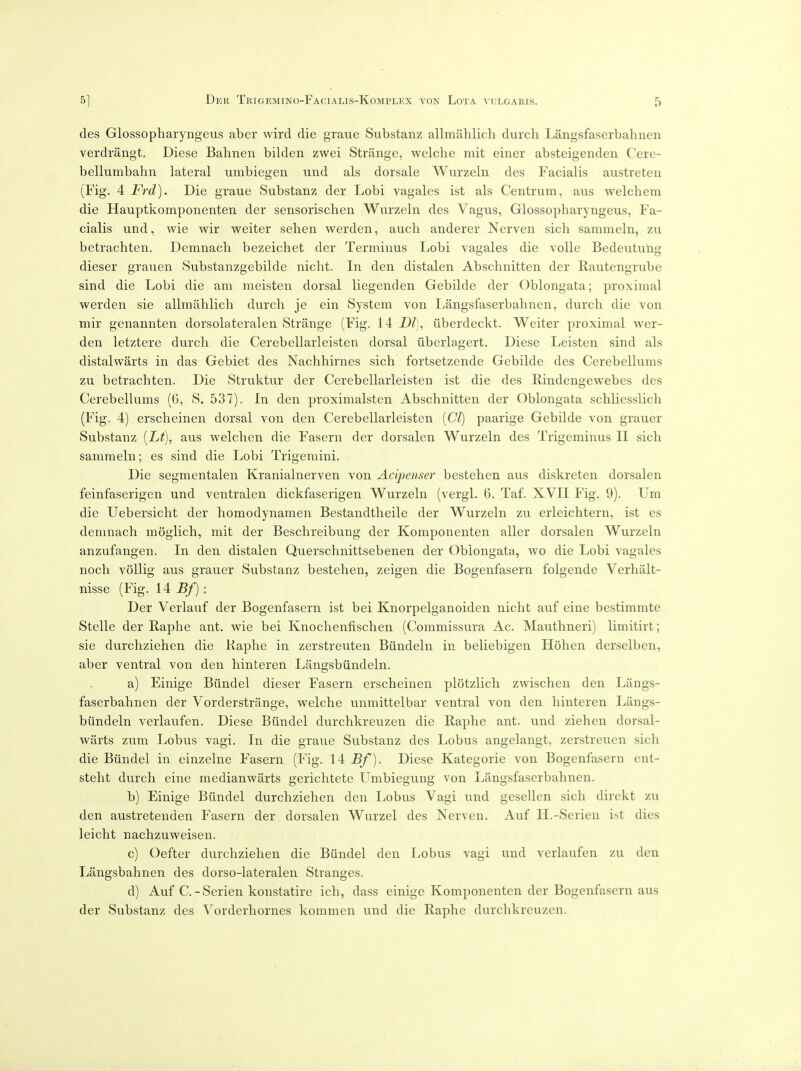 des Glossopharyngeus aber wird die graue Substanz allmahlich durch Langsfaserbahnen verdrangt. Diese Bahnen bilden zwei Strange, welche mit einer absteigenden Cere- bellumbahn lateral umbiegen und als dorsale Wurzeln des Facialis austreten (Fig. 4 Frd). Die graue Substanz der Lobi vagales ist als Centrum, aus welchem die Hauptkomponenten der sensorischen Wurzeln des Vagus, Glossopharyngeus, Fa- cialis und, wie wir weiter sehen werden, audi anderer Nerven sich sammeln, zu betrachten. Demnach bezeichet der Terminus Lobi vagales die voile Bedeutuhg dieser grauen Substanzgebilde niclit. In den distalen Abschnitten der Rautengrube sind die Lobi die am meisten dorsal liegenden Gebilde der Oblongata; proximal werden sie allmahlich durch je ein System von Langsfaserbahnen, durch die von mir genannten dorsolateralen Strange (Fig. 14 _D^), iiberdeckt. Weiter proximal wer- den letztere durch die Cerebellarleisten dorsal iibeiiagert, Diese Leisten sind als distalvvarts in das Gebiet des Nachhirnes sich fortsetzende Gebilde des Cerebellums zu betrachten. Die Struktur der Cerebellarleisten ist die des Rindengewebes des Cerebellums (G, S. 537). In den proximalsten Abschnitten der Oblongata schliesslich (Fig. 4) erscheinen dorsal von den Cerebellarleisten [CI) paarige Gebilde von grauer Substanz [Lt], aus welchen die Fasern der dorsalen Wurzeln des Trigeminus II sich sammeln; es sind die Lobi Trigemini. Die segmentalen Kranialnerven von Acipenser bestehen aus diskreten dorsalen feinfaserigen und ventralen dickfaserigen Wurzeln (vergl. 6. Taf. XVII Fig. 9). Um die Uebersicht der homodynamen Bestandtheile der Wurzeln zu eiieichtern, ist es demnach moglich, mit der Beschreibung der Komponenten aller dorsalen Wurzeln anzufangen. In den distalen Querschnittsebenen der Oblongata, wo die Lobi vagales noch voUig aus grauer Substanz bestehen, zeigen die Bogenfasern folgende Verhalt- nisse (Fig. 14 Bf): Der Verlauf der Bogenfasern ist bei Knorpelganoiden nicht auf eine bestimmte Stelle der Raphe ant. wie bei Knochenfischen (Commissura Ac. Mauthneri) limitirt; sie durchziehen die Raphe in zerstreuten Biindeln in beliebigen Hohen derselbcn, aber ventral von den hinteren Langsbiindeln. a) Einige Biindel dieser Fasern erscheinen plotzlich zwischen den Langs- faserbahnen der Vorderstrilnge, welche unmittelbar ventral von den hinteren Liings- biindeln verlaufen. Diese Biindel durchkreuzen die Raphe ant. und ziehen dorsal- warts zum Lobus vagi. In die graue Substanz des Lobus angelangt, zerstreuen sich die Biindel in einzelne Fasern (Fig. 14 Bf). Diese Kategorie von Bogenfasern ent- steht durch eine medianwarts gerichtete Umbiegung von Langsfaserbahnen. b) Einige Biindel durchziehen den Lobus Vagi und gesellen sich direkt zu den austreteuden Fasern der dorsalen Wurzel des Nerven. Auf H.-Serien ibt dies leicht nachzuweisen. c) Oefter durchziehen die Biindel den Lobus vagi und verlaufen zu den Langsbahnen des dorso-lateralen Stranges. d) Auf C.-Serien konstatire ich, dass einige Komponenten der Bogenfasern aus der Substanz des Vorderhornes kommen und die Raphe durchkreuzen.