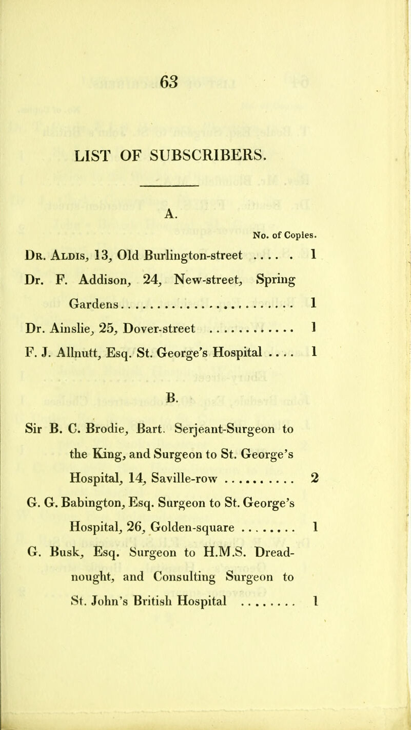 LIST OF SUBSCRIBERS. A. No. of Copies. Dr. Aldis, 13, Old Burliugton-street 1 Dr. F. Addison, 24, New-street, Spring Gardens 1 Dr. Ainslie, 25, Dover-street 1 F. J. Allnutt, Esq. St. George's Hospital 1 B. Sir B. C. Brodie, Bart. Serjeant-Surgeon to the King, and Surgeon to St. George's Hospital, 14, Saville-row 2 G. G. Babington, Esq. Surgeon to St. George's Hospital, 26, Golden-square 1 G. Busk, Esq. Surgeon to H.M.S. Dread- nought, and Consulting Surgeon to St. John's British Hospital 1