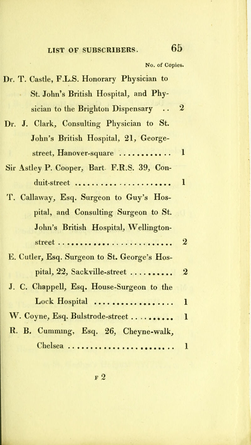 No. of Copies. Dr. T. Castle, F.L.S. Honorary Physician to St. John's British Hospital, and Phy- sician to the Brighton Dispensary .. 2 Dr. J. Clark_, Consulting Physician to St. John's British Hospital, 21, George- street, Hanover-square 1 Sir Astley P. Cooper, Bart- F.R.S. 39, Con- duit-street 1 T. Callaway, Esq. Surgeon to Guy's Hos- pital, and Consulting Surgeon to St. John's British Hospital, Wellington- street * 2 E. Cutler, Esq. Surgeon to St. George's Hos- pital, 22, Sackville-street 2 J. C. Chappell, Esq. House-Surgeon to the Lock Hospital 1 W. Coyne, Esq. Bulstrode-street 1 R. B. Cumming, Esq. 26, Cheyne-walk_, Chelsea 1 f2