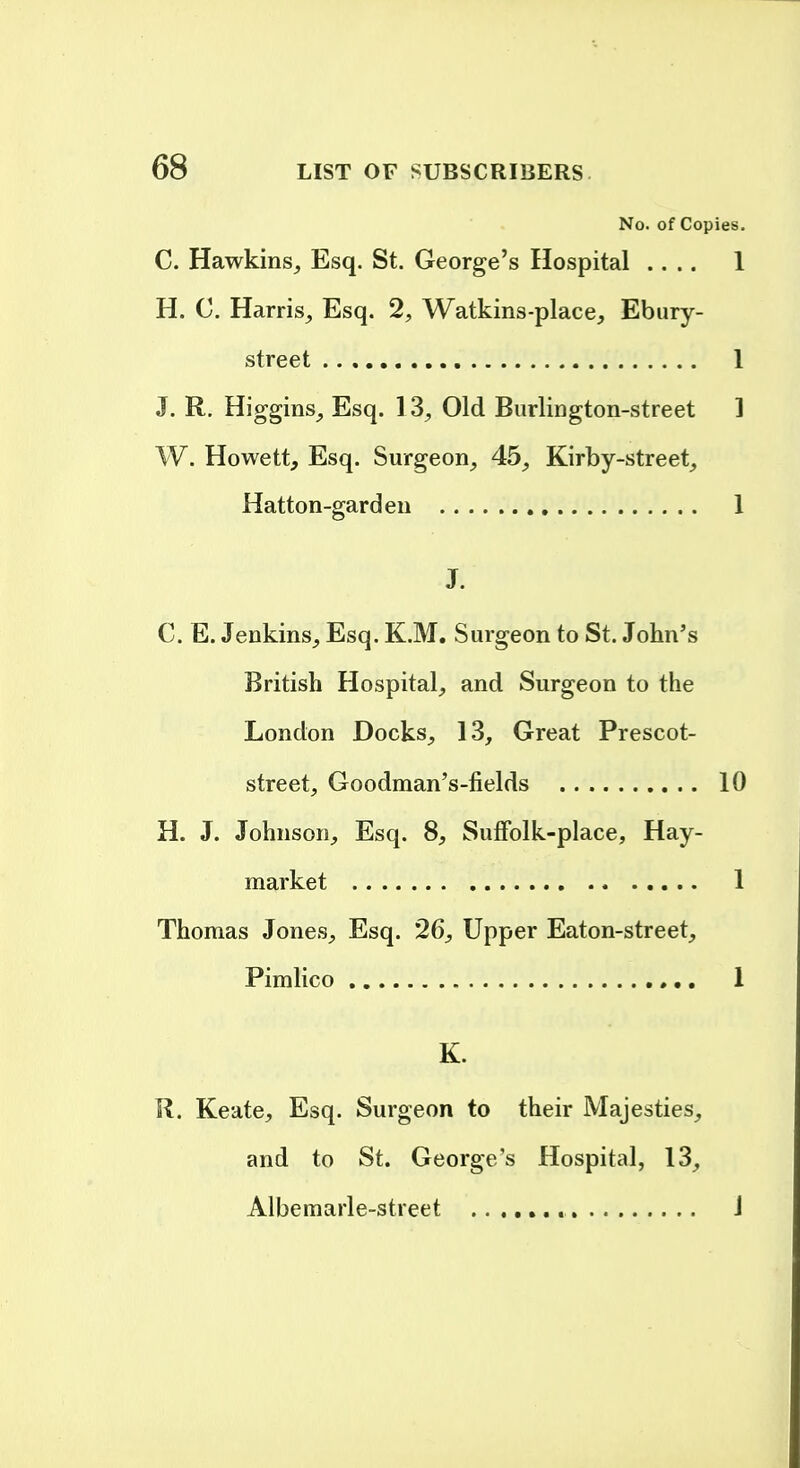 No. of Copies. C. Hawkins^ Esq. St. George's Hospital .... 1 H. C. Harris^ Esq. 2, Watkins-place, Ebury- street 1 J. R. Higgms_, Esq. 13^ Old Burlington-street ] W. Howett, Esq. Surgeon^ 45^ Kirby-street^ Hatton-garden 1 J. C. E. Jenkins_, Esq. K.M. Surgeon to St. John's British Hospital, and Surgeon to the London Docks, 13, Great Prescot- street, Goodman's-fields 10 H. J. Johnson, Esq. 8, Suffolk-place, Hay- market 1 Thomas Jones, Esq. 26, Upper Eaton-street, Pimlico 1 K. R. Keate, Esq. Surgeon to their Majesties, and to St. George's Hospital, 13, Albemarle-street J