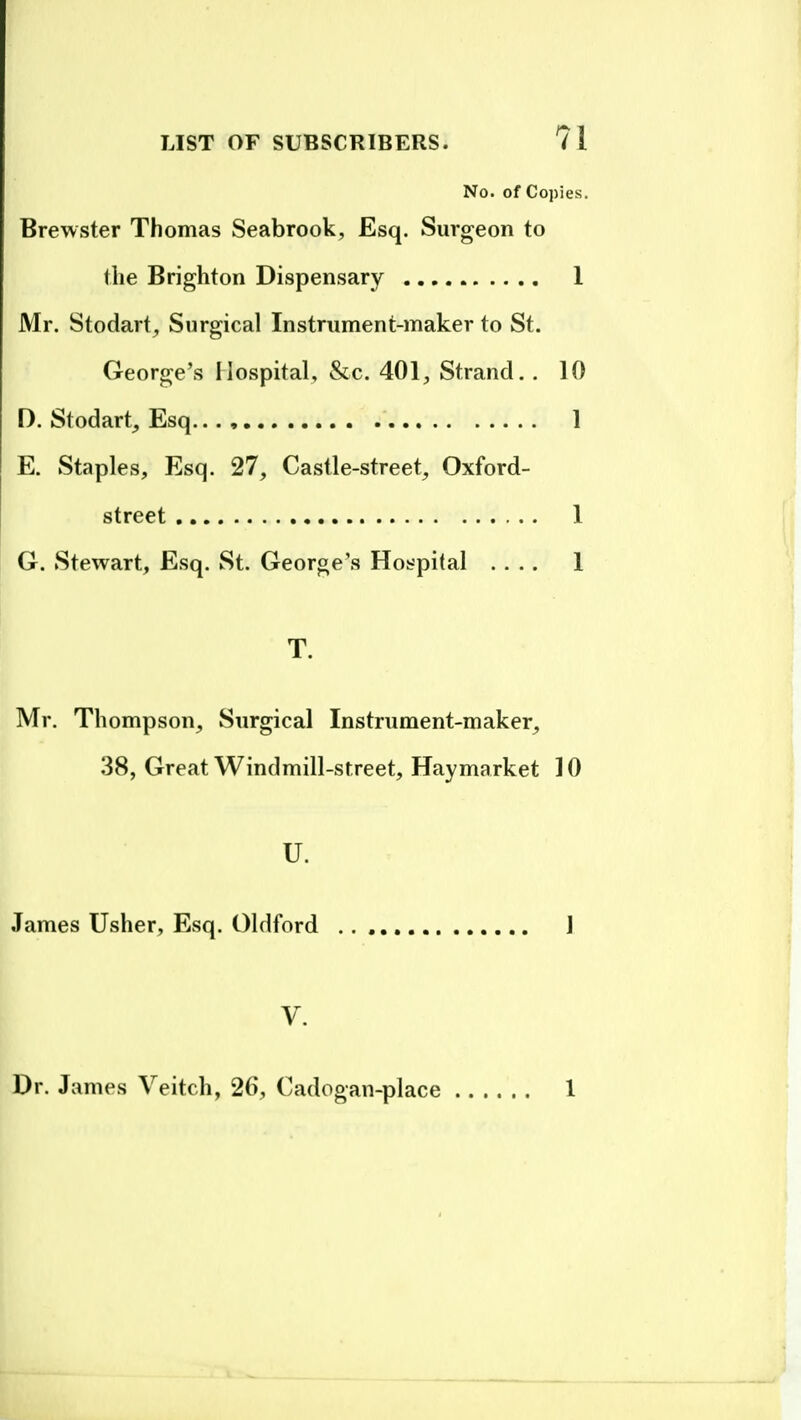 No. of Copies. Brewster Thomas Seabrook, Esq. Surgeon to the Brighton Dispensary 1 Mr. Stodart_, Surgical Instrument-maker to St. George's Hospital, &c. 401, Strand.. 10 D. Stodart, Esq 1 E. Staples, Esq. 27, Castle-street, Oxford- street 1 G. Stewart, Esq. St. George's Hospital .... 1 T. Mr. Th ompson. Surgical Instrument-maker, 38, Great Windmill-street, Haymarket 10 U. James Usher, Esq. Oldford I V. Dr. James Veitch, 26, Cadogan-place 1