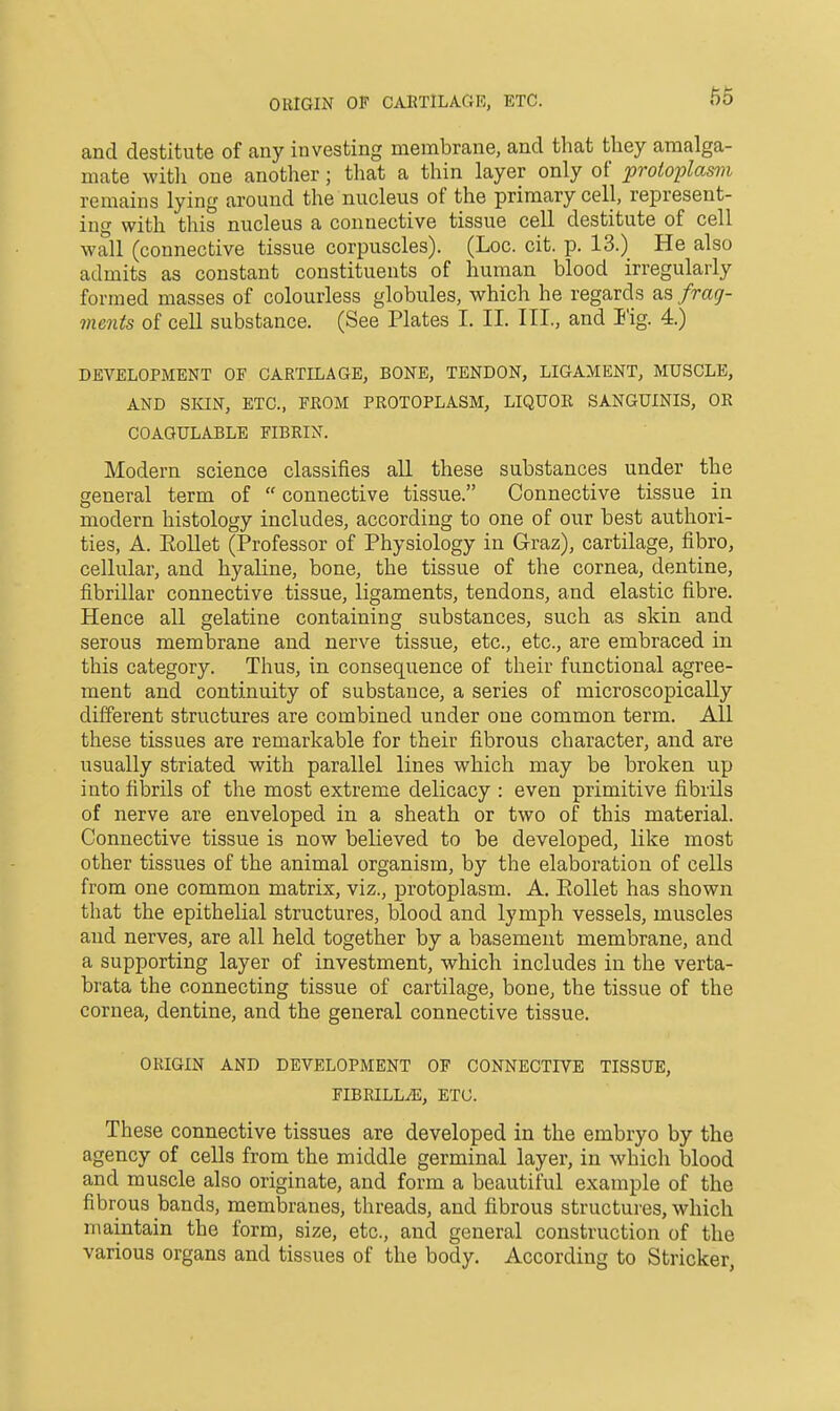 ORIGIN OF CARTILAGE, ETC. 66 and destitute of any investing membrane, and that they amalga- mate with one another; that a thin layer only of protoplasm remains lying around the nucleus of the primary cell, represent- ing with this nucleus a connective tissue cell destitute of cell wall (connective tissue corpuscles). (Loc. cit. p. 13.) He also admits as constant constituents of human blood irregularly formed masses of colourless globules, which he regards zs, fraq- ments of cell substance. (See Plates I. II. III., and I'ig. 4.) DEVELOPMENT OF CARTILAGE, BONE, TENDON, LIGAMENT, MUSCLE, AND SiaN, ETC., FROM PROTOPLASM, LIQUOE SANGUINIS, OR COAGULABLE FIBRIN. Modern science classifies all these substances under the general term of  connective tissue. Connective tissue in modern histology includes, according to one of our best authori- ties, A. RoUet (Professor of Physiology in Graz), cartilage, fibro, cellular, and hyaline, bone, the tissue of the cornea, dentine, fibrillar connective tissue, ligaments, tendons, and elastic fibre. Hence all gelatine containing substances, such as skin and serous membrane and nerve tissue, etc., etc., are embraced in this category. Thus, in consequence of their functional agree- ment and continuity of substance, a series of microscopically different structures are combined under one common term. All these tissues are remarkable for their fibrous character, and are usually striated with parallel lines which may be broken up into fibrils of the most extreme delicacy : even primitive fibrils of nerve are enveloped in a sheath or two of this material. Connective tissue is now believed to be developed, like most other tissues of the animal organism, by the elaboration of cells from one common matrix, viz., protoplasm. A. Rollet has shown that the epithelial structures, blood and lymph vessels, muscles and nerves, are all held together by a basement membrane, and a supporting layer of investment, which includes in the verta- brata the connecting tissue of cartilage, bone, the tissue of the cornea, dentine, and the general connective tissue. ORIGIN AND DEVELOPMENT OF CONNECTIVE TISSUE, FIBRILL^, ETC. These connective tissues are developed in the embryo by the agency of cells from the middle germinal layer, in which blood and muscle also originate, and form a beautiful example of the fibrous bands, membranes, threads, and fibrous structures, which maintain the form, size, etc., and general construction of the various organs and tissues of the body. According to Strieker,