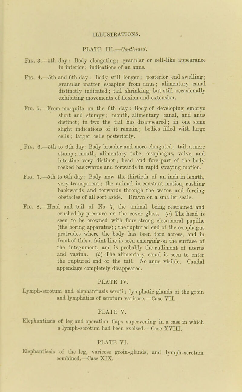 PLATE III.—Continued. Fig. 3.—5th day: Body elongating; granular or cell-like appearance in interior; indications of an anus. Fig. 4.—oth and 6th day : Body still longer ; posterior end swelling ; granular matter escaping from anus; alimentary canal distinctly indicated; tail shrinking, but still occasionally exhibiting movements of flexion and extension. Fig. 5.—From mosquito on the 6th day : Body of developing embryo short and stumpy; mouth, alimentary canal, and anus distinct; in two the tail has disappeared; in one some slight indications of it remain; bodies filled with large cells ; larger cells posteriorly. Fig. 6.—5th to 6th day: Body broader and more elongated; tail, a mere stump; mouth, alimentary tube, oesophagus, valve, and intestine very distinct; head and fore-part of the body rocked backwards and forwards in rapid swaying motion. Fig. 7.—5th to 6th day: Body now the thirtieth of an inch in length, very transparent; the animal in constant motion, rushing backwards and forwards through the water, and forcing obstacles of all sort aside. Drawn on a smaller scale. Fig. 8.-—Head and tail of Ho. 7, the animal being restrained and crushed by pressure on the cover glass. (a) The head is seen to be crowned with four strong circumoral papilla: (the boring apparatus); theruptiu’ed end of the oesophagus protrudes where the body has been torn across, and in front of this a faint line is seen emerging on the surface of the integument, and is probably the rudiment of uterus and vagina. (5) The alimentary canal is seen to enter the ruptured end of the tail. No anus visible. Caudal appendage completely disappeared. PLATE IY. Lymph-scrotum and elephantiasis scroti; lymphatic glands of the groin and lymphatics of scrotum varicose.—Case VII. PLATE Y. Elephantiasis of leg and operation flaps supervening in a case in which a lymph-scrotum had been excised.—Case XVIII. PLATE VI. Elephantiasis of the leg, varieose groin-glands, and lymph-scrotum combined.—Case XIX.