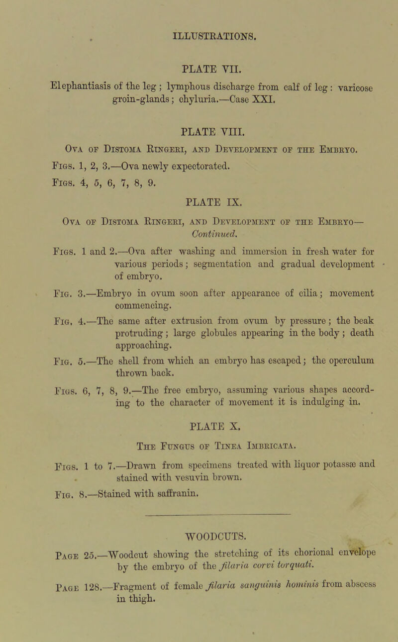 PLATE VII. Elephantiasis of the leg ; lymphous discharge from calf of leg : varicose groin-glands; chyluria.—Case XXI. PLATE VIII. Ova of Distoma Ringeri, and Development of the Embryo. Figs. 1, 2, 3.—Ova newly expectorated. Figs. 4, 5, 6, 7, 8, 9. PLATE IX. Ova of Distoma Ringeei, and Development of the Embryo— Continued. Figs. 1 and 2.—Ova after washing and immersion in fresh water for various periods; segmentation and gradual development - of embryo. Fig. 3.—Embryo in ovum soon after appearance of cilia; movement commencing. Fig. 4.—The same after extrusion from ovum by pressure; the beak protruding ; large globules appearing in the body ; death approaching. Fig. 5.—The shell from which an embryo has escaped; the operculum thrown, back. Figs. 6, 7, 8, 9.—The free embryo, assuming various shapes accord- ing to the character of movement it is indulging in. PLATE X. The Fungus of Tinea Imbeicata. Figs. 1 to 7.—Drawn from specimens treated with liquor potassce and . stained with vesuvin brown. Fig. 8.—Stained with saffranin. WOODCUTS. Page 25.—Woodcut showing the stretching of its chorional envelope by the embryo of the Jilaria corvi torquati. Page 128. Fragment of female Jilaria sanguinis liominis from abscess in thigh.