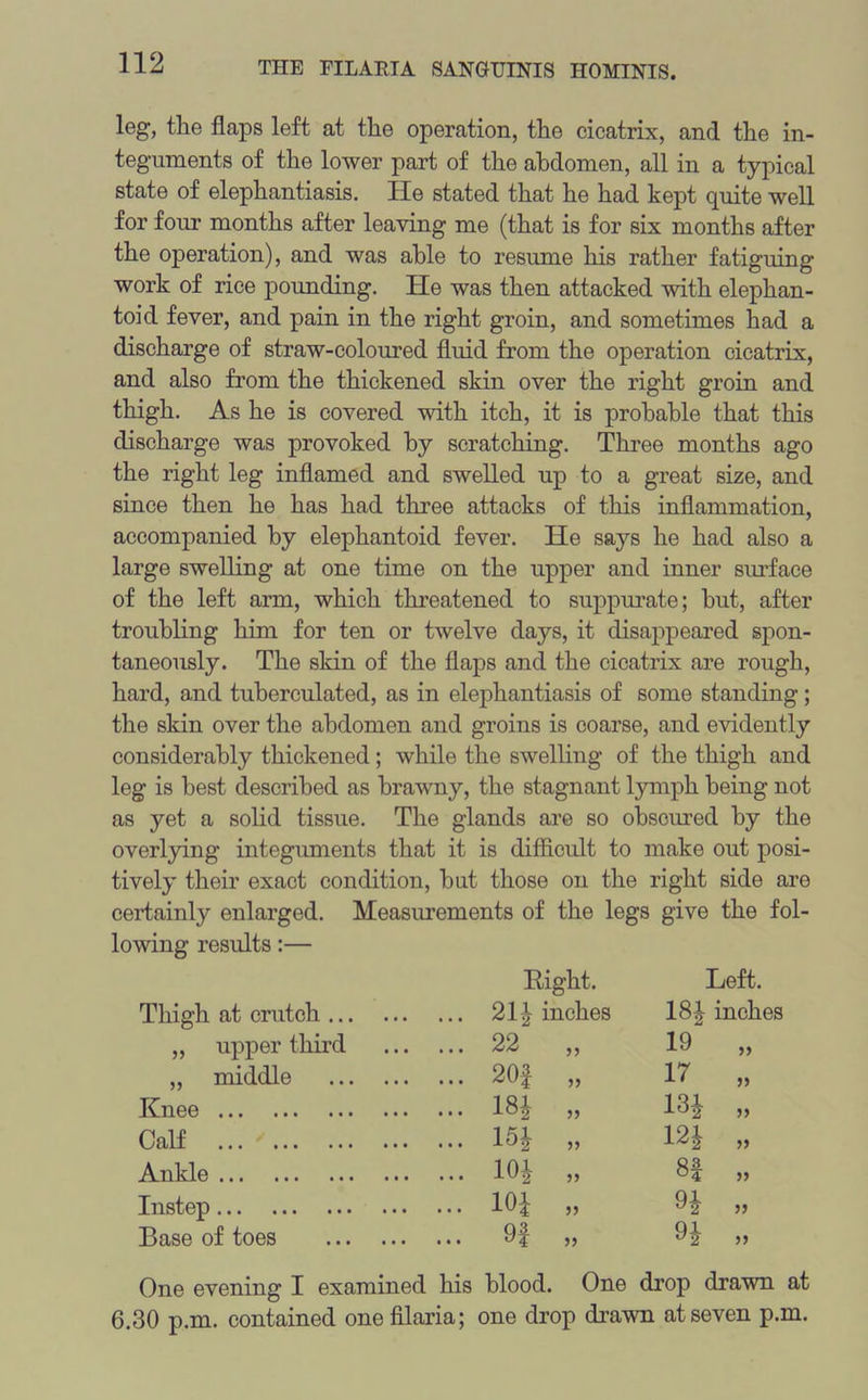 leg, tlie flaps left at the operation, the cicatrix, and the in- teguments of the lower part of the abdomen, all in a typical state of elephantiasis. He stated that he had kept quite well for four months after leaving me (that is for six months after the operation), and was able to resume his rather fatiguing work of rice pounding. He was then attacked with elephan- toid fever, and pain in the right groin, and sometimes had a discharge of straw-coloured fluid from the operation cicatrix, and also from the thickened skin over the right groin and thigh. As he is covered with itch, it is probable that this discharge was provoked by scratching. Three months ago the right leg inflamed and swelled up to a great size, and since then he has had three attacks of this inflammation, accompanied by elephantoid fever. He says he had also a large swelling at one time on the upper and inner surface of the left arm, which threatened to suppurate; hut, after troubling him for ten or twelve days, it disappeared spon- taneously. The skin of the flaps and the cicatrix are rough, hard, and tuberculated, as in elephantiasis of some standing; the skin over the abdomen and groins is coarse, and evidently considerably thickened; while the swelling of the thigh and leg is best described as brawny, the stagnant lymph being not as yet a solid tissue. The glands are so obscured by the overlying integuments that it is difficult to make out posi- tively their exact condition, but those on the right side are certainly enlarged. Measurements of the legs give the fol- lowing results:— Right. Left. Thigh at crutch ... 21* inches 18* inches „ upper third 22 ,, 19 „ „ middle 20f „ 17 „ Knee 18* „ 13* „ Calf 15* „ 12* „ Ankle 10* „ 8| „ Instep 10* „ 9* „ Base of toes Of ,, 0* „ One evening I examined his blood. One drop drawn at 6.30 p.m. contained onefilaria; one drop drawn at seven p.m.