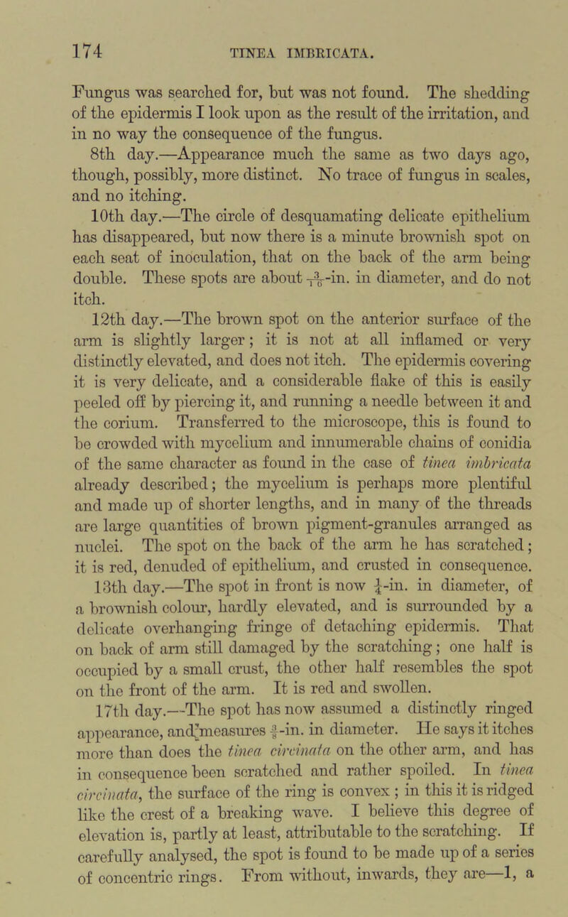 Fungus was searched for, but was not found. The shedding of the epidermis I look upon as the result of the irritation, and in no way the consequence of the fungus. 8th day.—Appearance much the same as two days ago, though, possibly, more distinct. No trace of fungus in scales, and no itching. 10th day.—The circle of desquamating delicate epithelium has disappeared, but now there is a minute brownish spot on each seat of inoculation, that on the back of the arm being double. These spots are about -fk-in. in diameter, and do not itch. 12th day.—The brown spot on the anterior surface of the arm is slightly larger; it is not at all inflamed or very distinctly elevated, and does not itch. The epidermis covering it is very delicate, and a considerable flake of this is easily peeled off by piercing it, and running a needle between it and the corium. Transferred to the microscope, this is found to be crowded with mycelium and innumerable chains of conidi a of the same character as found in the case of tinea imbricata already described; the mycelium is perhaps more plentiful and made up of shorter lengths, and in many of the threads are large quantities of brown pigment-granules arranged as nuclei. The spot on the back of the arm he has scratched; it is red, denuded of epithelium, and crusted in consequence. 13th day.—The spot in front is now £-in. in diameter, of a brownish colour, hardly elevated, and is surrounded by a delicate overhanging fringe of detaching epidermis. That on back of arm still damaged by the scratching; one half is occupied by a small crust, the other half resembles the spot on the front of the arm. It is red and swollen. 17th day.—The spot has now assumed a distinctly ringed appearance, andfrneasures f-in. in diameter. lie says it itches more than does the tinea circinata on the other arm, and has in consequence been scratched and rather spoiled. In tinea circinata, the surface of the ring is convex ; in this it is ridged like the crest of a breaking wave. I believe this degree of elevation is, partly at least, attributable to the scratching. If carefully analysed, the spot is found to be made up of a series of concentric rings. From without, inwards, they are 1, a
