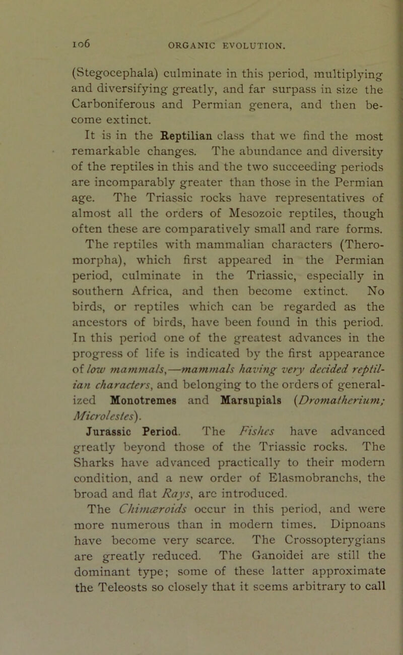 io6 (Stegocephala) culminate in this period, multiplying and diversifying greatly, and far surpass in size the Carboniferous and Permian genera, and then be- come extinct. It is in the Reptilian class that we find the most remarkable changes. The abundance and diversity of the reptiles in this and the two succeeding periods are incomparably greater than those in the Permian age. The Triassic rocks have representatives of almost all the orders of Mesozoic reptiles, though often these are comparatively small and rare forms. The reptiles with mammalian characters (Thero- morpha), which first appeared in the Permian period, culminate in the Triassic, especially in southern Africa, and then become extinct. No birds, or reptiles which can be regarded as the ancestors of birds, have been found in this period. In this period one of the greatest advances in the progress of life is indicated by the first appearance of low mammals,—mammals having very decided reptil- ian characters, and belonging to the orders of general- ized Monotremes and Marsupials (Dromathcrium; Micro les/es). Jurassic Period. The Fishes have advanced greatly beyond those of the Triassic rocks. The Sharks have advanced practically to their modem condition, and a new order of Elasmobranchs, the broad and flat Rays, are introduced. The Chimceroids occur in this period, and were more numerous than in modern times. Dipnoans have become very scarce. The Crossopterygians are greatly reduced. The Ganoidei are still the dominant type; some of these latter approximate the Teleosts so closely that it seems arbitrary to call