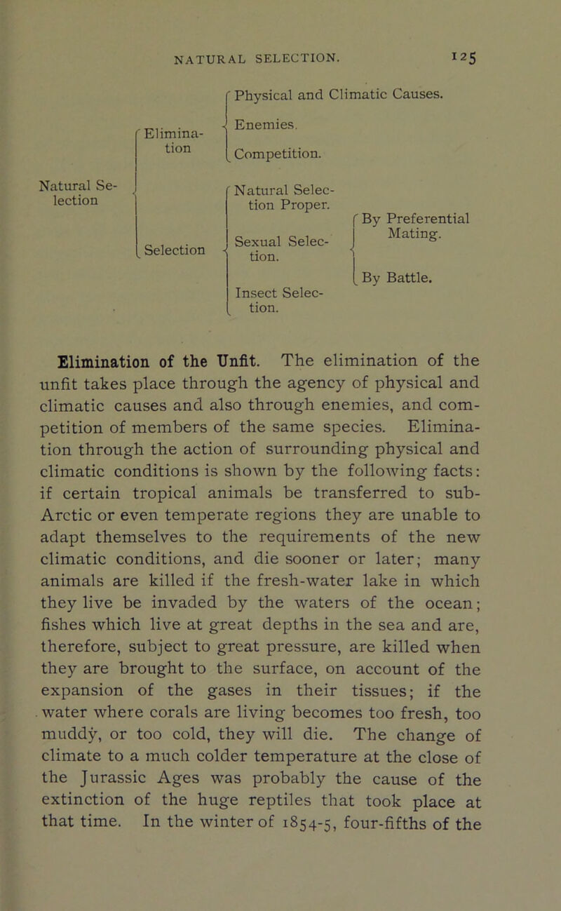 ' Elimina- tion Natural Se- lection f Physical and Climatic Causes. - Enemies. Competition. Selection - Natural Selec- tion Proper. Sexual Selec- tion. Insect Selec- tion. f By Preferential Mating. By Battle. Elimination of the Unfit. The elimination of the unfit takes place through the agency of physical and climatic causes and also through enemies, and com- petition of members of the same species. Elimina- tion through the action of surrounding physical and climatic conditions is shown by the following facts: if certain tropical animals be transferred to sub- Arctic or even temperate regions they are unable to adapt themselves to the requirements of the new climatic conditions, and die sooner or later; many animals are killed if the fresh-water lake in which they live be invaded by the waters of the ocean; fishes which live at great depths in the sea and are, therefore, subject to great pressure, are killed when they are brought to the surface, on account of the expansion of the gases in their tissues; if the water where corals are living becomes too fresh, too muddy, or too cold, they will die. The change of climate to a much colder temperature at the close of the Jurassic Ages was probably the cause of the extinction of the huge reptiles that took place at that time. In the winter of 1854-5, four-fifths of the