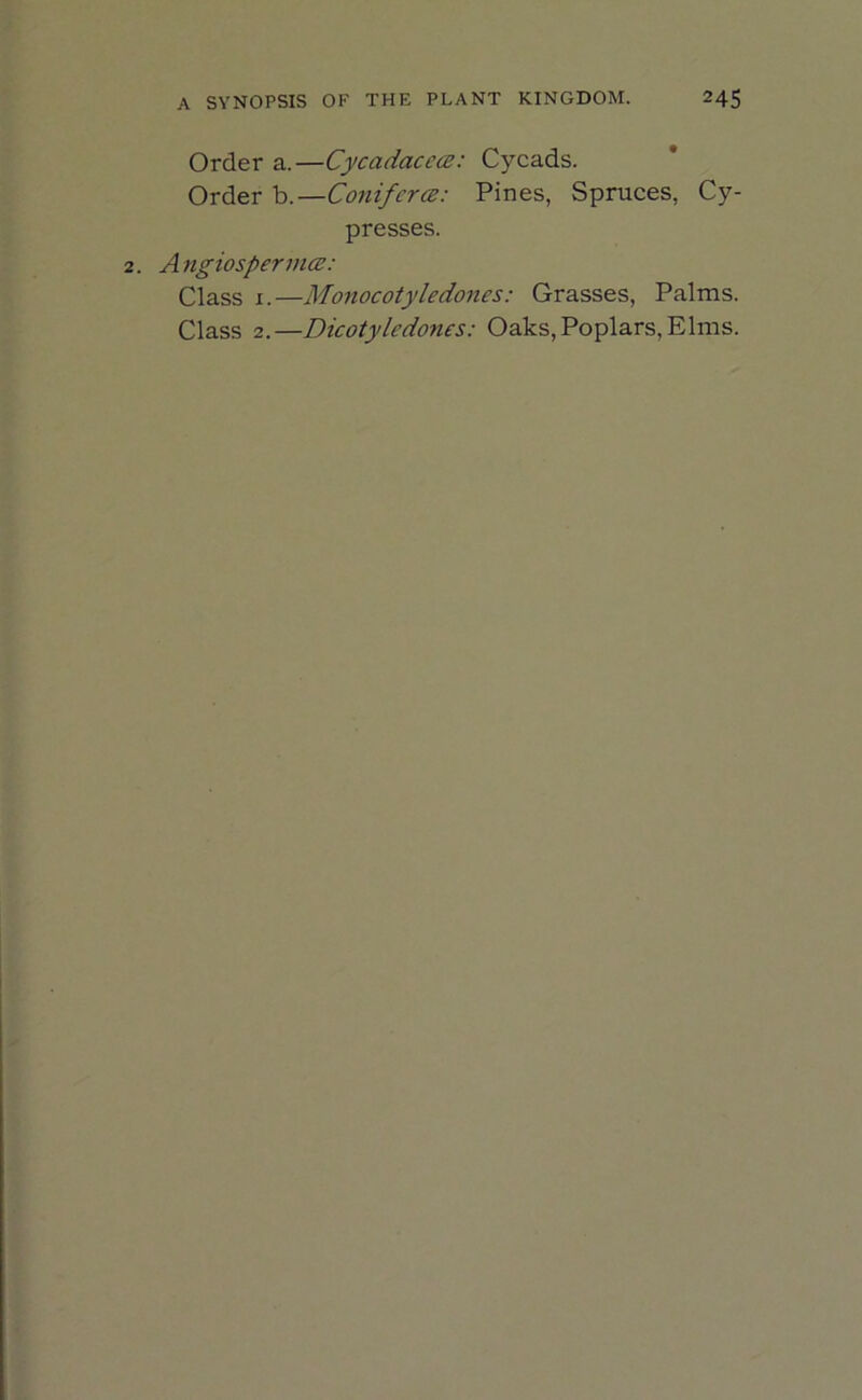 Order a.—Cycadaccce: Cycads. Order b.—Coniferce: Pines, Spruces, Cy- presses. A ngiospermce: Class i.—Monocotyledones: Grasses, Palms. Class 2.—Dicotyledones: Oaks, Poplars, Elms.