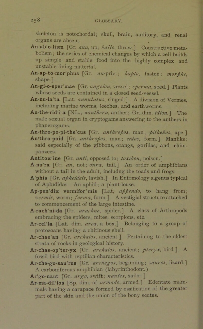 skeleton is notochordal; skull, brain, auditory, and renal organs are absent. An-ab'o-lism [Gr. ana, up; hallo, throw.] Constructive meta- bolism ; the series of chemical changes by which a cell builds up simple and stable food into the highly complex and unstable living material. An ap-to mor'phus [Gr. rtw-priv.; hapto, fasten; morphe, shape. ] An-gi-o-sper'mae [Gr. angeion, vessel; sperma, seed.] Plants whose seeds are contained in a closed seed-vessel. An-nu-la'ta [Lat. annulatus, ringed.] A division of Vermes, including marine worms, leeches, and earthworms. An-the-rid'i a [NL., <anthera, anther; Gr. dim. idion.~\ The male sexual organ in cryptogams answering to the anthers in phanerogams. An-thro-po-pi-the'cus [Gr. anthropos, man; pethekos, ape.] An'thro-poid [Gr. anthropos, man; cidos, form.] Manlike: said especially of the gibbons, orangs, gorillas, and chim- panzees. Antitox’ine [Gr. ante, opposed to; toxekon, poison.] A-nu'ra [Gr. an, not; our a, tail.] An order of amphibians without a tail in the adult, includng the toads and frogs. Aphis [Gr. apheideis, lavish.] In Entomology a .genus typical of Aphididae. An aphid; a plant-louse. Ap-pen'dix vermifor'mis [Lat, appendo, to hang from; 7u rines, worm; forma, form. ] A vestigial structure attached to commencement of the large intestine. A-rach'ni-da [Gr. arachne, spider.] A class of Arthropods embracing the spiders, mites, scorpions, etc. Ar cel'la [Lat. dim. area, a box.] Belonging to a group of protozoans having a chitinous shell. Ar chae'an [Gr. archaios, ancient.] Pertaining to the oldest strata of rocks in geological history. Ar-chae-op’ter-yx [Gr. archaios, ancient; pteryx, bird.] A fossil bird with reptilian characteristics. Ar-che-go-sau'rus [Gr. archegos, beginning; sauros, lizard.] A carboniferous amphibian (labyrinthodont.) Ar'go-naut [Gr. argo, swift; nautes, sailor.] Ar-ma-dil'los [Sp. dim. of armado, armed.] Edentate mam- mals having a carapace formed by ossification of the greater part of the skin and the union of the bony scutes.