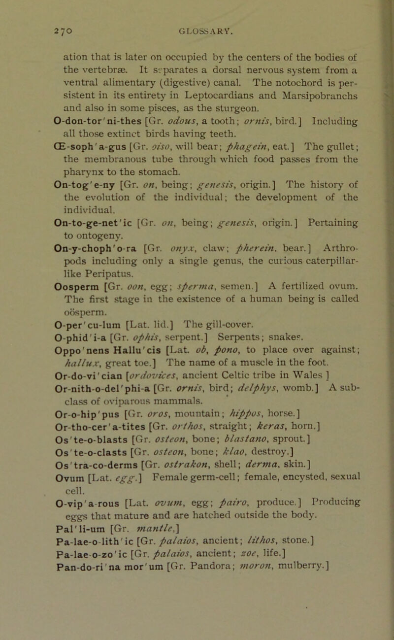 ation that is later on occupied by the centers of the bodies of the vertebrae. It separates a dorsal nervous system from a ventral alimentary (digestive) canal. The notochord is per- sistent in its entirety in Leptocardians and Marsipobranchs and also in some pisces, as the sturgeon. O-don-tor'ni-thes [Gr. odous, a tooth; ornis, bird.] Including all those extinct birds having teeth. CE-soph'a-gus [Gr. oiso, will bear; phagein, eat.] The gullet; the membranous tube through which food passes from the pharynx to the stomach. On-tog e-ny [Gr. on, being; genesis, origin.] The history of the evolution of the individual; the development of the individual. On-to-ge-net'ic [Gr. on, being; genesis, origin.] Pertaining to ontogeny. On-y-choph'o-ra [Gr. onyx, claw; pherein, bear.] Arthro- pods including only a single genus, the cuiious caterpillar- like Peripatus. Oosperm [Gr. oon, egg; sperma, semen.] A fertilized ovum. The first stage in the existence of a human being is called oosperm. O-per'cu-lum [Lat. lid.] The gill-cover. O-phid'i-a [Gr. op/tis, serpent.] Serpents; snakes. Oppo’nens Hallu'cis [Lat. ob, pono, to place over against; hallux, great toe.] The name of a muscle in the foot. Or-do-vi’cian [ordovices, ancient Celtic tribe in Wales ] Or-nith-o-del'phi-a [Gr. ornis, bird; delphys, womb.] A sub- class of oviparous mammals. Or-o-hip'pus [Gr. or os, mountain; hippos, horse.] Or-tho-cer'a-tites [Gr. orthos, straight; keras, horn.] Os’te-o-blasts [Gr. osteon, bone; blastano, sprout.] Os te-o-clasts [Gr. osteon, bone; klao, destroy.] Os’tra-co-derms [Gr. ostrakon, shell; derma, skin.] Ovum [Lat. egg.] Female germ-cell; female, encysted, sexual cell. O-vip'a rous [Lat. ovum, egg; pairo, produce.] Producing eggs that mature and are hatched outside the body. Pal'li-um [Gr. mantle,] Pa-lae-o lith'ic [Gr. palaios, ancient; lilhos, stone.] Pa-lae o-zo'ic [Gr. palaios, ancient; zoe, life.] Pan-do-ri’na mor'um [Gr. Pandora; moron, mulberry.]