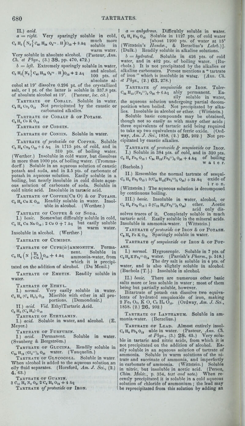 II.) acid. a = right. Very sparingly soluble in cold, ^ tt /m <> „ tt ^ rr\^ . o . much more C8Hs(N^ 040 H21O3v..H)oiJ + 8Aq soluble ^ warm water. Very soluble in absolute alcohol. (Pasteur, Ann. Ch. et Phys., (3.) 38. pp. 470, 472.) b = left. Extremely sparingly soluble in water, C.H5(NtSc(0H„OJ...H)o„+2Aq absolute al- cohol at 19° dissolve 0.296 pt. of the crystallized salt, or 1 pt. of the latter is soluble in 337.8 pts. of absolute alcohol at 19°. (Pasteur, loc. cit.) Tartrate of Cobalt. Soluble in water. C8 H4 Co2 012 Not precipitated by the caustic or carbonated alkalies. Tartrate op Cobalt & of Potash. c8 H4 Co K 012 Tartrate of Codein. Tartrate of Coniin. Soluble in water. Tartrate of protoxide of Copper. Soluble C8 H4 Cu2 012 + 6 Aq in 1715 pts. of cold, and in 310 pts. of boiling water. (Werther.) Insoluble in cold water, but dissolves in more than 1000 pts. of boiling water. (Tromms- dorff.) Soluble in an aqueous solution of caustic potash and soda, and in 2.5 pts. of carbonate of potash in aqueous solution. Easily soluble in a boiling, but nearly insoluble in cold dilute aque- ous solution of carbonate of soda. Soluble in cold nitric acid. Insoluble in tartaric acid. Tartrate of Copper(Cu O) & of Potash. C8 H4 Cu K 012 Readily soluble in water. Insol- uble in alcohol. (Werther.) Tartrate of Copper & of Soda. I.) basic. Somewhat difficultly soluble in cold, C8 H4 Cu NaOj2; 2 Cu 0 + 7 Aq but easily soluble in warm water. Insoluble in alcohol. (Werther.) Tartrate of Cumidin. Tartrate of Cupr(i'c)ammonium. Perma- / i jj \ nent. Soluble in ca H* (N \ Cu/2°12 + 4 A(l ammonia-water, from which it is precipi- tated on the addition of alcohol. (Du Menil.) Tartrate of Emetin. Readily soluble in water. Tartrate of Ethtl. I. ) normal. Very easily soluble in water. C8 H4 (C4 H5)2 012 Miscible with ether in all pro- portions. (Demondesir.) II. ) acid. Vid. EthylTartaric Acid. C8 H5 (C4 H5) Oa2 Tartrate of Ethylamin. I.) acid. Soluble in water, and alcohol. (E. Meyer.) Tartrate of Furftjrin. I.) acid. Permanent. Soluble in water. (Svanberg & Bergstrom.) Tartrate of Glucina. Readily soluble in C24 H13 (Gl2'»)2 036 water. (Vauquelin.) Tartrate of Gltcocoll. Soluble in water. When alcohol is added to the aqueous solution an oily fluid separates. (Horsford, Am. J. Sci., (2.) 4. 63.) Tartrate of Guanin. 3 C10 HB N5 02, 2 C8 H8 0„ + 4 Aq Tartrate of protoxide of Iron. a = anhydrous. Difficultly soluble in water. C8H4Fe2013 Soluble in 1127 pts. of cold water [about 1200 pts. of water at 15° (Wittstein's Handio., & Berzelius's Lehrb.)]. (Dulk.) Readily soluble in alkaline solutions. b = hydrated. Soluble in 426 pts. of cold water, and in 402 pts. of boiling water. (Bu- cholz.) It is not precipitated by the alkalies or alkaline carbonates. Persoz mentions a  tartrate of iron  which is insoluble in water. (Ann. Ch. et Phys., (2.) 63. 278.) Tartrate of sesquioxide of Iron. Toler- C24 H12(Fe2')2 036 + 6Aq ably permanent. Ea- sily soluble in water, the aqueous solution undergoing partial decom- position when boiled. Not precipitated by alka- lies. Insoluble in alcohol or ether. (Wittstein.) Soluble basic compounds may be obtained, though not so easily as with many other acids ; three equivalents of tartaric acid being required to take up two equivalents of ferric oxide. (Ord- way, Am. J. Sci., 1858, (2.) 26. 202 ) Not pre- cipitated by caustic alkalies. Tartrate of protoxide Sf sesquioxide of Iron. I. ) Soluble in 384 pts. of cold, and in 320 pts. C8 H4 Fe2 012 ; CM H12(Fe2')2 036 + 4 Aq of boiling water. (Bucholz.) II. ) Resembles the normal tartrate of sesqui- C8 H4 Fe2 012 ; 3(C24 H12(Fe2')2 O^) + 24 Aq oxide of iron. (Wittstein.) The aqueous solution is decomposed by continuous boiling. III. ) basic. Insoluble in water, alcohol, or C8 H4 Fea 012; 3 (C]2 H8(Fe2')2 0^) ether. Acetic acid only dis- solves traces of it. Completely soluble in much tartaric acid. Easily soluble in the mineral acids. Insoluble in ammonia-water. (Wittstein.) Tartrate of protoxide of Iron & of Potash. C8 H4 Fe K 012 Sparingly soluble in water. Tartrate of sesquioxide of Iron & of Pot- ash. I. ) normal. Hygroscopic. Soluble in 7 pts. of C8 H4 E Fe2'014 water. (Parrish's Pharm., p. 518.) The dry salt is soluble in 4 pts. of water, and is also slightly soluble in alcohol. (Bucholz [T.].) Insoluble in alcohol. II. ) basic. There are numerous other basic salts more or less soluble in water ; most of them being but partially soluble, however. Bitartrate of potash can dissolve two equiva- lents of hvdrated sesquioxide of iron, making 2 Fe2 03, K O, C8 H4 O10. (Ordway, Am. J. Sci., 1858, (2.) 26. 202.) Tartrate of Lanthanum. Soluble in am- monia-water. (Berzelius.) Tartrate of Lead. Almost entirely insol- C8H4Pba012 uble in water. (Pasteur, Ann. Ch. et Phys., (3.) 28. 65.) Very solu- ble in tartaric and nitric acids, from which it is not precipitated on the addition of alcohol. Ea- sily soluble in an aqueous solution of tartrate of ammonia. Soluble in warm solutions of the ni- trate and succinate of ammonia, and imperfectly in carbonate of ammonia. (Wittstein.) Soluble in nitric, but insoluble in acetic acid. (Persoz, Chim. Mole'c, p. 354, text and note.) When re- cently precipitated it is soluble in a cold aqueous solution of chloride of ammonium ; the lead may be reprecipitated from this solution by adding an