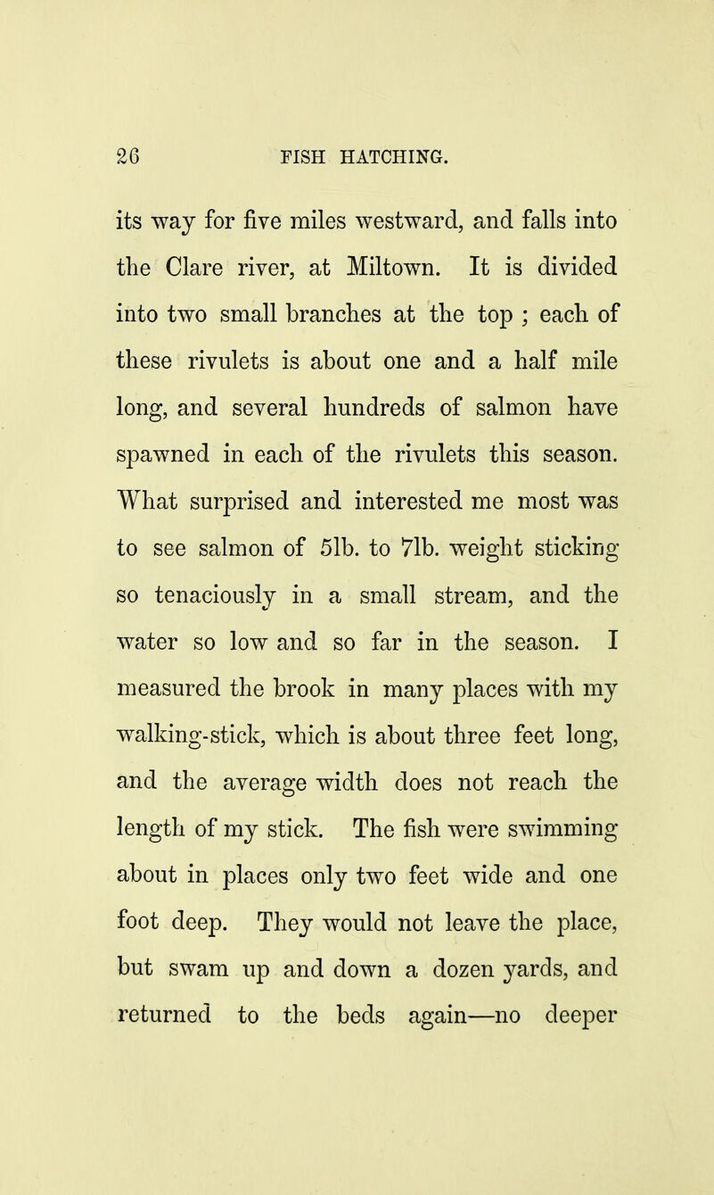 its way for five miles westward, and falls into the Clare river, at Miltown. It is divided into two small branches at the top ; each of these rivulets is about one and a half mile long, and several hundreds of salmon have spawned in each of the rivulets this season. What surprised and interested me most was to see salmon of 5lb. to 71b. weight sticking so tenaciously in a small stream, and the water so low and so far in the season. I measured the brook in many places with my walking-stick, which is about three feet long, and the average width does not reach the length of my stick. The fish were swimming about in places only two feet wide and one foot deep. They would not leave the place, but swam up and down a dozen yards, and returned to the beds again—no deeper