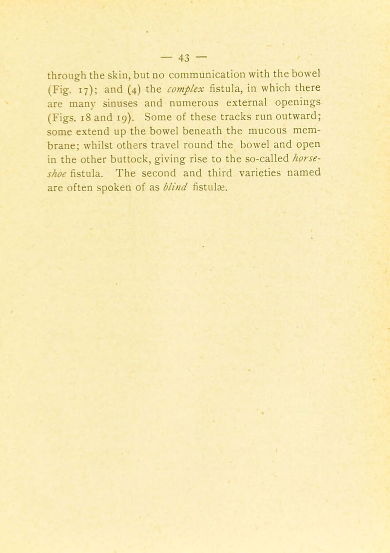 through the skin, but no communication with the bowel (Fig. 17); and (4) the complex fistula, in which there are many sinuses and numerous external openings (Figs. 18 and 19). Some of these tracks run outward; some e.xtend up the bowel beneath the mucous mem- brane; whilst others travel round the bowel and open in the other buttock, giving rise to the so-called horse- shoe fistula. The second and third varieties named are often spoken of as blind fistulae.
