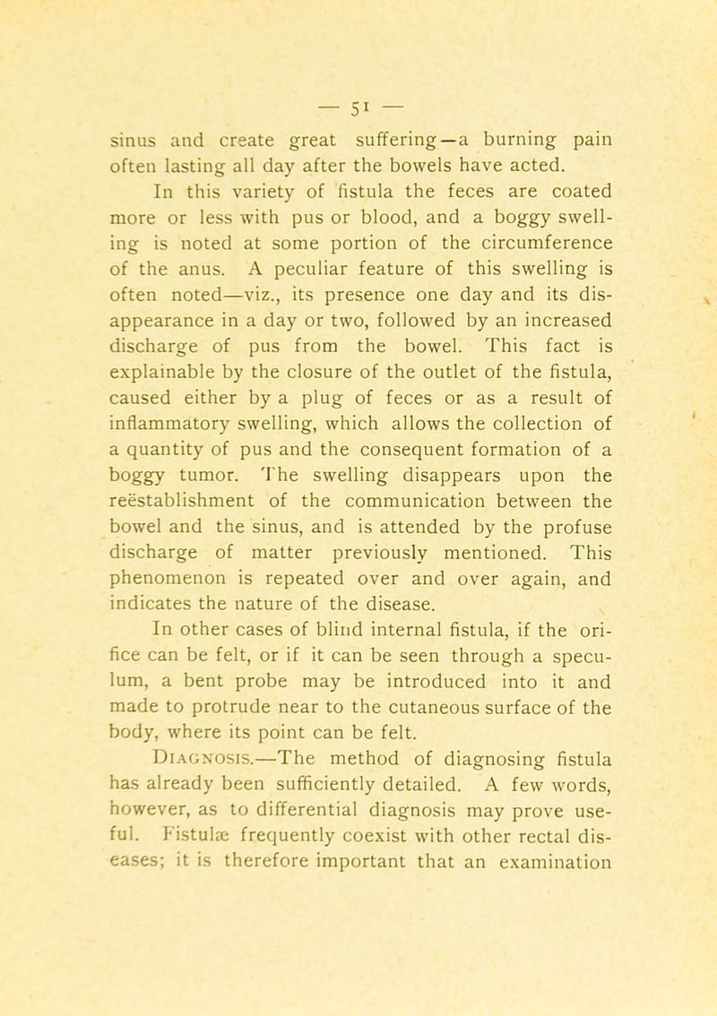 sinus and create great suffering—a burning pain often lasting all day after the bowels have acted. In this variety of fistula the feces are coated more or less with pus or blood, and a boggy swell- ing is noted at some portion of the circumference of the anus. A peculiar feature of this swelling is often noted—viz., its presence one day and its dis- appearance in a day or two, followed by an increased discharge of pus from the bowel. This fact is explainable by the closure of the outlet of the fistula, caused either by a plug of feces or as a result of inflammatory swelling, which allows the collection of a quantity of pus and the consequent formation of a boggy tumor. 'I'he swelling disappears upon the reestablishment of the communication between the bowel and the sinus, and is attended by the profuse discharge of matter previously mentioned. This phenomenon is repeated over and over again, and indicates the nature of the disease. In other cases of blind internal fistula, if the ori- fice can be felt, or if it can be seen through a specu- lum, a bent probe may be introduced into it and made to protrude near to the cutaneous surface of the body, where its point can be felt. Diagnosis.—The method of diagnosing fistula has already been sufficiently detailed. A few words, however, as to differential diagnosis may prove use- ful. Fistulse frequently coexist with other rectal dis- eases; it is therefore important that an examination