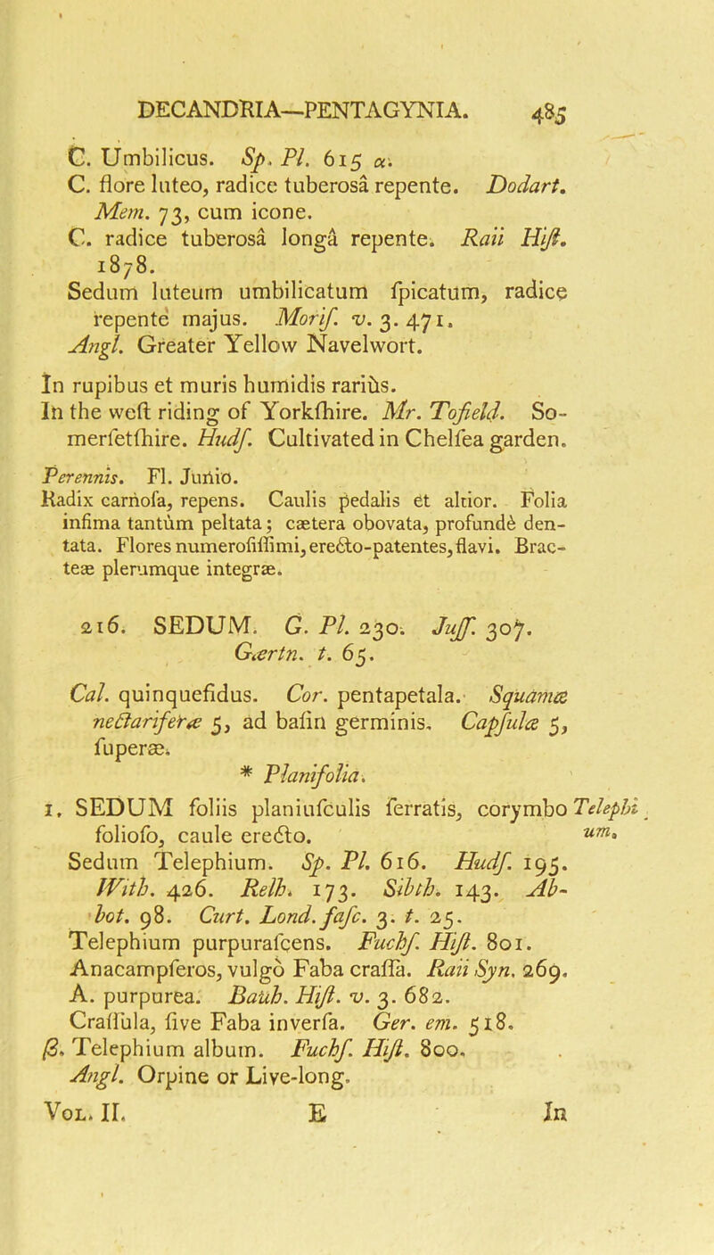 485 G. Umbilicus. Sp. PI. 615 C. flore liiteo, radicc tuberosa repente. Dodart, Mem. 73, cum icone. C. radice tuberosa longa repente; Ran H\Ji. 1878. Sedum luteum umbilicatum fplcatum, radice repente majus. Morif. *1;. 3.471, A?igl. Greater Yellow Navelwort. in rupibus et muris humidis raribs. In the weft riding of Yorkfhire. Mr. Tofield. So- merfetfhire. Hudf. Cultivated in Chelfea garden. Perennis. FI. Juilio. Radix carriofa, repens. Caulis pedalis et altior. Folia infima tantiim peltata; caetera obovata, profundi den- tata. Flores numerofiffimi,ere£to-patenteSjflavi. Brac- teae plerumque integrae. 216. SEDUM. G. PI. 230. Jujf. 307. Gartn. /. 65. Cal. quinquefidus. Cor. pentapetala. Squanue nediarife’ra 5, ad balin germinis, Capfula 5, fuper^i * PlanifoUa. 1, SEDUM fbliis planiufculis ferratis^ corymbo foliofoj caule eredlo. Sedum Telephium. Sp. PI. 616. Hudf. 195. With. 426. Relh. 173. Sihth. 143. ^hot. 98. Curt. Lond. fafc. 3. /. 25. Telephium purpurafcens. Fuchf. Hijl. 801. AnacampferoSj vulgo Faba crafta. Rail Syn, 269. A. purpurea. Bauh. Hiji. v. 3. 682. Craftula, five Faba inverfa. Ger. em. 518. Telephium album. Fuchf. Hijt. 800. A?igl. Orpine or Live-long.