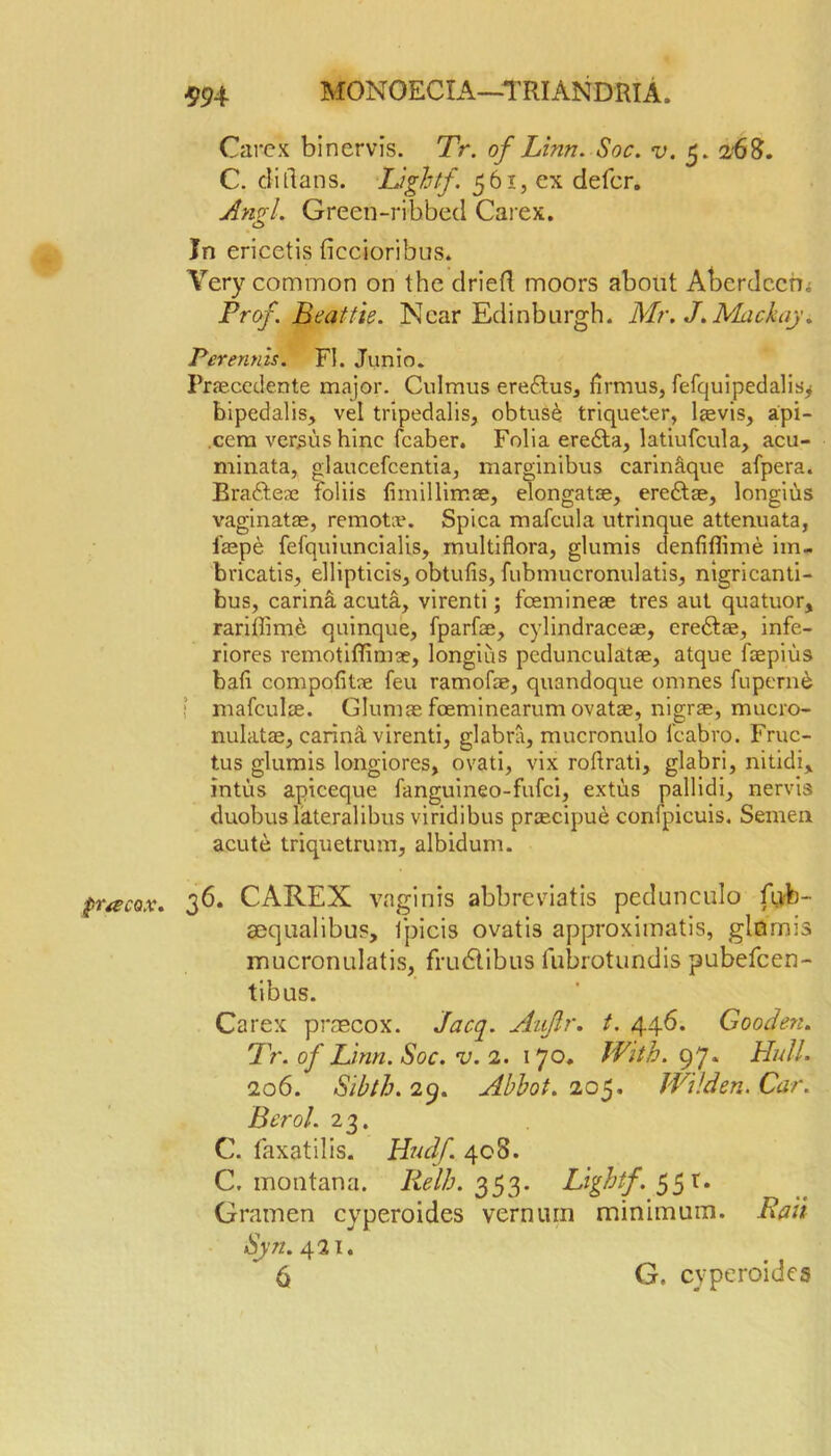 Qracox. Carex binervis. Tr. of Linn. Soc. v. $. 268. C. ditlans. Light/. 561, cx defer. Angl. Green-ribbed Carex. Jn ericetis ficcioribus. Very common on the dried moors about Abcrdc.cm Prof. Beattie. Near Edinburgh. Mr. J. Mack ay. Perenyiis. FI. Junio. Praecedente major. Culmus erettus, flrmus, fefquipedalisy bipedalis, vel tripedalis, obtuse triqueter, laevis, api- .cem versus hine fcaber. Folia ere£ta, latiufcula, acu- minata, glaucefcentia, marginibus carinaque afpera. Bra&eae foliis fimillimae, elongatae, ere&ae, longius vaginatae, remote. Spica mafcula utrinque attenuata, faep^ fefquiuncialis, multiflora, glumis denfiflime im- bricatis, ellipticis, obtufis, fubmucronulatis, nigricanti- bus, carina acuta, virenti; feemineae tres aut quatuor, rarifiime quinque, fparfae, cylindraceae, ere&ae, infe- riores remotiffimae, longius pedunculatae, atque faepius bafi compofitae feu ramofae, quandoque omnes fupem& mafculae. Glumae foeminearum ovatae, nigrae, mucro- nulatae, carina virenti, glabra, mucronulo fcabro. Fruc- tus glumis longiores, ovati, vix roflrati, glabri, nitidi* intus apieeque fanguineo-fufei, extus pallidi, nervis duobus lateralibus viridibus pra2cipu£ conlpicuis. Semen acute triquetrum, albidum. 36. CAREX vaginis abbreviate pedunculo fub- aequalibus, t'picis ovatis approximate, glumis mucronulatis, frudlibus fubrotundis pubefeen- tibus. Carex prageox. Jacq. Aujir. t. 446. Gooden. Tr. of Linn. Soc. v. 2. 170. With. 97. Hull. 206. Sibth. 29. Abbot. 205. Wilder.. Car. Berol. 23. C. faxatilis. Hudf 408. C. montana. Relh. 353. Light/. 55 r. Gramen cyperoides vernurn minimum. Bait Sjn. 421.
