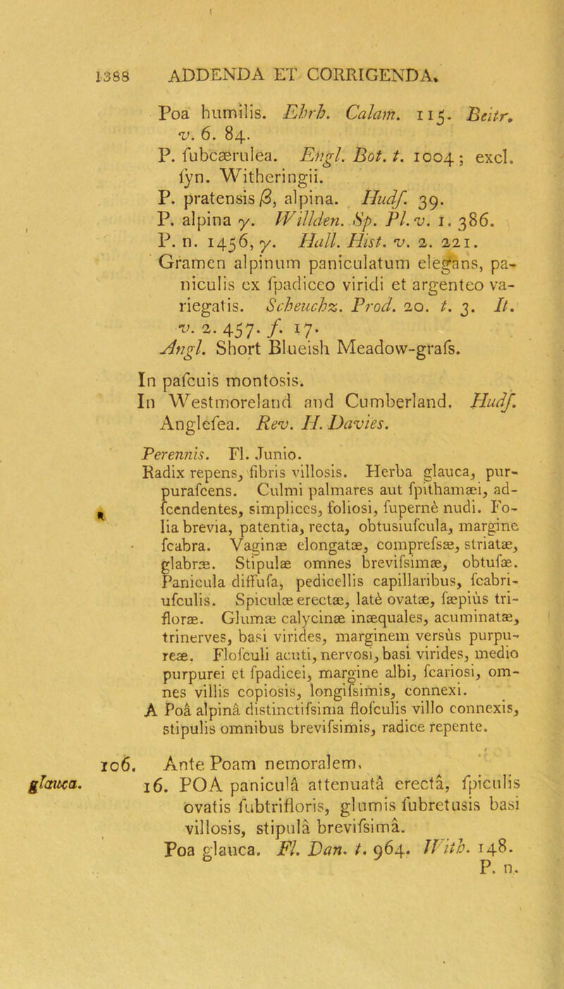 glauca. Poa bumilis. Ehrh. Calam. 115. Beitr. P. fubcsemlea. Ehgl.Bot.t. 1004; excl. lyn. Witheringii. P. pratensis/3, alpina. Iludf. 39. P. alpina y. Willden. Sp. Pl.v. 1. 386. P. n. 14.56, y. Hall. Hist. v. 2. 221. Gramcn alpinum paniculatum elegans, pa- niculis ex fpadiceo viridi et argenteo va- riegatis. Scbeucbz. Prod. 20. t. 3. It. v. 2. 457. /. 17. Angl. Short Blueish Meadow-grafs. In pafcuis montosis. In Westmoreland and Cumberland. Hudf. Anglefea. Rev. II. Davies. Perennis. FI. Junio. Radix repens, fibris villosis. Herba glauca, pur- purafcens. Culmi palmares aut fpithamaei, ad- i fcendentes, simplices, foliosi, fupern<b nudi. Fo- lia brevia, patentia, recta, obtusiufcula, margine fcabra. Vaginae elongatae, comprefsae, striatae, glabrae. Stipulae omnes brevifsimae, obtufae. Panicula diffufa, pedicellis capillaribus, fcabri- ufculis. Spiculceerectae, lat6 ovatae, faepius tri- florae. Glumae calycinae inaequales, acuminatae, trinerves, basi virides, marginem versus purpu- reae. Flofculi acuti, nervosi, basi virides, medio purpurei et fpadicei, margine albi, fcariosi, om- nes villis copiosis, longifsimis, connexi. A Poa alpina distinctifsima flofculis villo connexis, stipulis omnibus brevifsimis, radice repente. 106. Ante Poam nemoralem, 16. POA panicula attenuate erecta, fpiculis ovatis fubtrifloris, glumis fubretusis basi villosis, stipula brevifsima. Poa glauca. FI. Dan. t. 964. Iliih. 148. P. n.