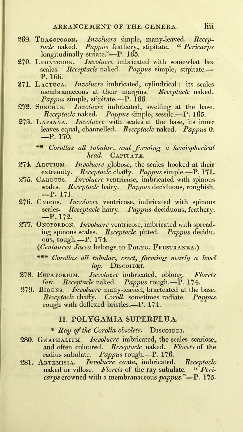 269. Tracopogon. Involucre simple, many-leaved. Recep- tacle naked. Pappus feathery, stipitate. “ Pericarps longitudinally striate.”—P. 165. 270. Leontodon. Involucre imbricated with somewhat lax scales. Receptacle naked. Pappus simple, stipitate.— P. 166. 271. L actuca. Involucre imbricated, cylindrical; its scales membranaceous at their margins. Receptacle naked. Pappus simple, stipitate.—P. 166. 272. Sonchus. Involucre imbricated, swelling at the base. Receptacle naked. Pappus simple, sessile.—P. 165. 273. Lapsana. Involucre with scales at the base, its inner leaves equal, channelled. Receptacle naked. Pappus 0. —P. 170. ** Corollas all tubular, and forming a hemispherical head. Capitate. 274. Arctium. Involucre globose, the scales hooked at their extremity. Receptacle chaffy. Pappus simple.—P.171. 275. Caiiduus. Involucre ventricose, imbricated with spinous scales. Receptacle hairy. Pappus deciduous, roughish. —P. 171. 276. Cnicus. Involucre ventricose, imbricated with spinous scales. Receptacle hairy. Pappus deciduous, feathery. —P. 172. 277. Onofordon. Involucre ventricose, imbricated with spread- ing spinous scales. Receptacle pitted. Pappus decidu- ous, rough.—P. 174. (Centaurea Jacea belongs to Polyg. Frustranea.) *** Corollas all tubular, erect, forming nearly a level' top. Discoidei. 278. Eupatorium. Involucre imbricated, oblong. Florets few. Receptacle naked. Pappus rough.—P. 174. 279. Bidens. Involucre many-leaved, bracteated at the base- Receptacle chaffy. Coroll, sometimes radiate. Pappus rough with deflexed bristles.'—P. 174. II. POLYG AMI A SUPERFLU A. * Ray of the Corolla obsolete. Discoidei. 280. Gnaphalium. Involucre imbricated, the scales scariose, and often coloured. Receptacle naked. Florets of the radius subulate. Pappus rough.—P. 176. 281. Artemisia. Involucre ovate, imbricated. Receptacle naked or villose. Florets of the ray subulate. “ Peri- carps crowned with a membranaceous pappus.—P. 175.