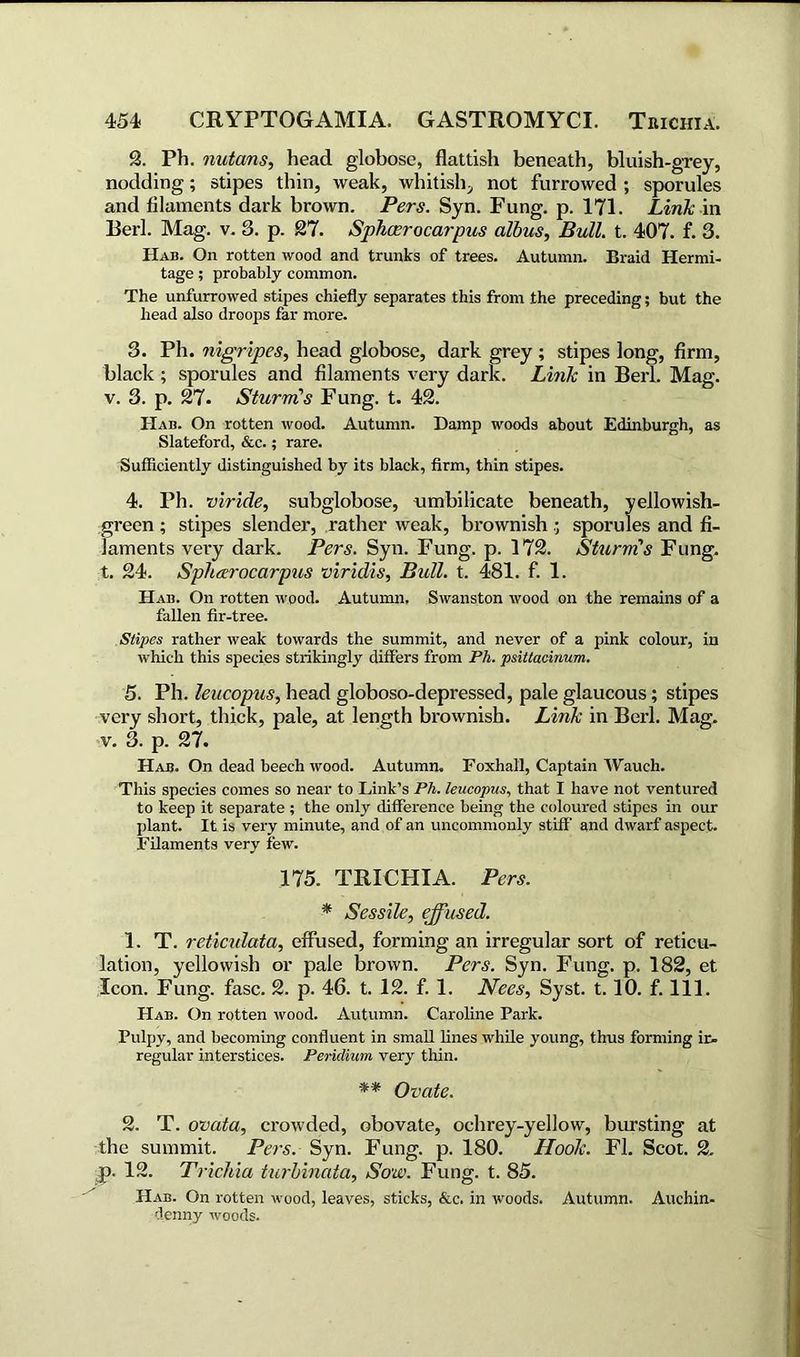 9. Ph. nutans, head globose, flattish beneath, bluish-grey, nodding; stipes thin, weak, whitish, not furrowed ; sporules and filaments dark brown. Pers. Syn. Fung. p. 171. Link in Berk Mag. v. 3. p. 97. Sphcerocarpus albus, Bull. t. 407. f. 3. Hab. On rotten wood and trunks of trees. Autumn. Braid Hermi- tage ; probably common. The unfurrowed stipes chiefly separates this from the preceding; but the head also droops far more. 3. Ph. nigripes, head globose, dark grey ; stipes long, firm, black; sporules and filaments very dark. Link in Bed. Mag. v. 3. p. 97* Sturm's Fung. t. 49. Hab. On rotten wood. Autumn. Damp woods about Edinburgh, as Slateford, &c.; rare. Sufficiently distinguished by its black, firm, thin stipes. 4. Ph. viride, subglobose, umbilicate beneath, yellowish- green ; stipes slender, rather weak, brownish; sporules and fi- laments very dark. Pers. Syn. Fung. p. 179. Sturm's Fung, t. 94. Sphcerocarpus viridis. Bull. t. 481. f. 1. Hab. On rotten wood. Autumn. Swanston wood on the remains of a fallen fir-tree. Stipes rather weak towards the summit, and never of a pink colour, in which this species strikingly differs from Ph. psittacinum. 5. Ph. leucopus, head globoso-depressed, pale glaucous; stipes very short, thick, pale, at length brownish. Link in Berl. Mag. v. 3. p. 97. Hab. On dead beech wood. Autumn. Foxhall, Captain Waueh. This species comes so near to Link’s Ph. leucopus, that I have not ventured to keep it separate ; the only difference being the coloured stipes in our plant. It is very minute, and of an uncommonly stiff and dwarf aspect. Filaments very few. 175. TRICHIA. Pers. * Sessile, effused. 1. T. reticidata, effused, forming an irregular sort of reticu- lation, yellowish or pale brown. Pers. Syn. Fung. p. 182, et Icon. Fung. fasc. 2. p. 46. t. 12. f. 1. Nees, Syst. 1.10. f. 111. Hab. On rotten wood. Autumn. Caroline Park. Pulpy, and becoming confluent in small lines while young, thus forming ir- regular interstices. Peridium very thin. ** Ovate. 9. T. ovata, crowded, obovate, ochrey-yellow, bursting at the summit. Pers. Syn. Fung. p. 180. Hook. FI. Scot. 2. p. 19. Trichia turbinata. Sow. Fung. t. 85. Hab. On rotten wood, leaves, sticks, &c. in woods. Autumn. Auchin- denny woods.