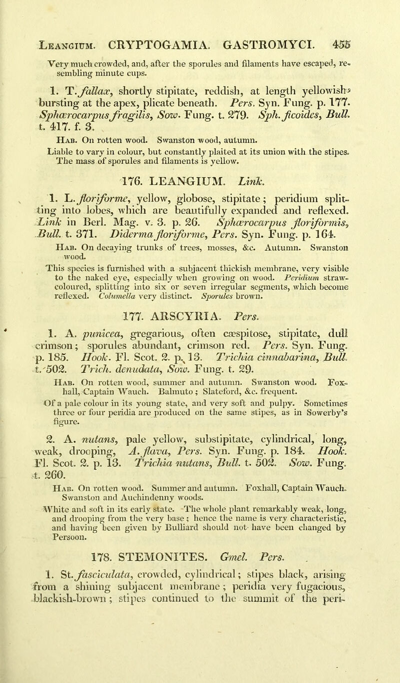 Very much crowded, and, after the sporules and filaments have escaped, re- sembling minute cups. 1. T.Jallax, shortly stipitate, reddish, at length yellowish? bursting at the apex, plicate beneath. Peis. Syn. Fung. p. 177. SphcerocarpusJragilis, Sow. Fung. t. 279. Sph.Jicoules, Bull. t. 417. f. 3. Hab. On rotten wood. Swanston wood, autumn. Liable to vary in colour, but constantly plaited at its union with the stipes. The mass of sporules and filaments is yellow. 176. LEANGIUM. Link. 1. L.fioriforme, yellow, globose, stipitate; peridium split- ting into lobes, which are beautifully expanded and reflexed. Link in Berl. Mag. v. 3. p. 26. Sphcerocarpus Jloriformis, Bull. t. 371. Didermafioriforme, Pcrs. Syn. Fung. p. 164. Hab. On decaying trunks of trees, mosses, &c. Autumn. Swanston wood. This species is furnished with a subjacent thiekish membrane, very visible to the naked eye, especially when growing on wood. Peridium straw- coloured, splitting into six or seven irregular segments, which become reflexed. Columella very distinct. Sporules brown. 177. ARSCYRIA. Pers. 1. A. punicea, gregarious, often cmspitose, stipitate, dull crimson; sporules abundant, crimson red. Pers. Syn. Fung, p. 185. Hook. FI. Scot. 2. p% 13. Trichia cinnabarina, Bull t. A02. Trick, denudata, Sow. Fung. t. 29. Hab. On rotten wood, summer and autumn. Swanston wood. Fox- liall, Captain Waucli. Balmuto; Slateford, &e. frequent. Of a pale colour in its young state, and very soft and pulpy. Sometimes three or four peridia are produced on the same stipes, as in Sowerby’s figure. 2. A. nutans, pale yellow, substipitate, cylindrical, long, weak, drooping, A.fiava, Pers. Syn. Fung. p. 184. ILook. Fl. Scot. 2. p. 13. Trichia nutans, Bull. t. 502. Sow. Fung. ,t. 260. Hab. On rotten wood. Summer and autumn. Foxliall, Captain Wauch. Swanston and Auchindenny woods. White and soft in its early state. The whole plant remarkably weak, long, and drooping from the very base; hence the name is very characteristic, and having been given by Bulliard should not- have been changed by Persoon. 178. STEMONITES. Gmel. Pers. 1. Stfiascicidata, crowded, cylindrical; stipes black, arising from a shining subjacent membrane; peridia very fugacious, blackish-brown ; stipes continued to the summit of the peri-