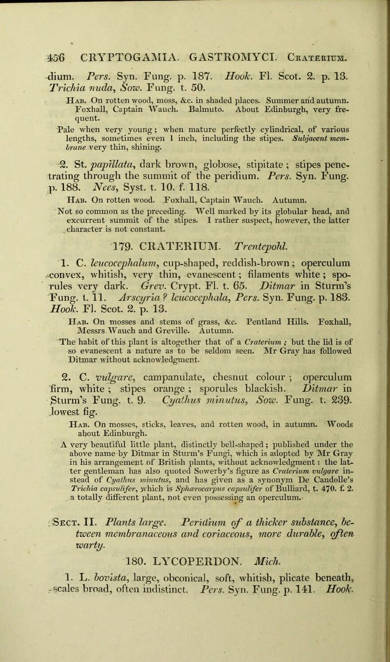 dium. Pers. Syn. Fung. p. 187. Hook. FI. Scot. 2. p. 13. Trichia nuda, Sow. Fung. t. 50. Hab. On rotten wood, moss, &c. in shaded places. Summer and autumn. Foxhall, Captain Wauch. Balmuto. About Edinburgh, very fre- quent. Pale when very young; when mature perfectly cylindrical, of various lengths, sometimes even 1 inch, including the stipes. Subjacent mem- brane very thin, shining. 2. St. papillata, dark brown, globose, stipitate ; stipes pene- trating through the summit of the peridium. Pers. Syn. Fung, p. 188. Nees, Syst. t. 10. f. 118. Hab. On rotten wood. Foxhall, Captain Wauch. Autumn. Not so common as the preceding. Well marked by its globular head, and excurrent summit of the stipes. I rather suspect, however, the latter character is not constant. 179. CRATERIUM. Trentepdhl. 1. C. leucocephalum, cup-shaped, l'eddish-brown ; operculum -convex, whitish, very thin, evanescent; filaments white; spo- rules very dark. Grev. Crypt. FI. t. 65. Ditmar in Sturm’s Fung;, t. 11. Arscyria ? leucocephala, Pers. Syn. Fung;, p. 183. Hook. FI. Scot. 2. p. 13. Hab. On mosses and stems of grass, &c. Pentland Hills. Foxhall, Messrs Wauch and Greville. Autumn. The habit of this plant is altogether that of a Craterium ; but the lid is of so evanescent a nature as to be seldom seen. Mr Gray has followed Ditmar without acknowledgment. 2. C. vulgare, campanulate, chesnut colour ; operculum firm, white ; stipes orange ; sporules blackish. Ditmar in Sturm’s Fung. t. 9. Cyaihus minutus, Sow. Fung. t. 239- .lowest fig. Hab. On mosses, sticks, leaves, and rotten wood, in autumn. Woods about Edinburgh. A very beautiful little plant, distinctly bell-shaped; published under the above name by Ditmar in Sturm’s Fungi, which is adopted by Mr Gray in his arrangement of British plants, without acknowledgment: the lat- ter gentleman has also quoted Sowerby’s figure as Craterium vulyare in- stead of Cyathus minutus, and has given as a synonym De Candolle’s Trichia capsulifer, which is Sphcerocarpus capsulifer of Bulliard, t. 470. f. 2. a totally different plant, not even possessing an operculum. : Sect. II. Plants large. Peridium of a thicker substance, be- tween membranaceous and coriaceous, more durable, often warty. 180. LYCOPERDON. Mich. 1. L. bovista, large, obconical, soft, whitish, plicate beneath, -scales broad, often indistinct. Pers. Syn. Fung. p. 141. Hook.