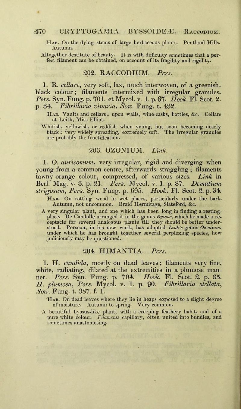 Hah. On the dying stems of large herbaceous plants. Pentland Hills. Autumn. Altogether destitute of beauty. It is with difficulty sometimes that a per- fect filament can be obtained, on account of its fragility and rigidity. 202. RACCODIUM. Pars. 1. R. cellars, very soft, lax, much Interwoven, of a greenish- black colour; filaments intermixed with irregular granules. Pers. Syn. Fung. p. 701. et Mycol. v. 1. p. 67. Hook. FI. Scot. 2. p. 34. Fibrillaria vinaria, Sozo. Fung. t. 432. Hab. Vaults and cellars; upon walls, wine-casks, bottles, &c. Cellars at Leith, Miss Elliot. Whitish, yellowish, or reddish when young, but soon becoming nearly black; very widely spreading, extremely soft. The irregular granules are probably the fructification. 203. OZONIUM. Link. 1. O. auricomum, very irregular, rigid and diverging when young from a common centre, afterwards straggling ; filaments tawny orange colour, compressed, of various sizes. Link in Berl. Mag. v. 3. p. 21. Pers. Mycol. v. 1. p. 87. Dematium strigosum, Pers. Syn. Fung. p. 695. Hook. FI. Scot. 2. p. 34. Hab. On rotting wood in wet places, particularly under the bark. Autumn, not uncommon. Braid Hermitage, Slateford, &c. A very singular plant, and one which has been long in finding a resting- place. He Candolle arranged it in the genus Byssus, which he made a re- ceptacle for several analogous plants till they should be better under- stood. Persoon, in his new work, has adopted Link's genus Ozoniwn, under which he has brought together several perplexing species, how judiciously may be questioned. 204. HIMANTIA. Pers. 1. H. Candida, mostly on dead leaves; filaments very fine, white, radiating, dilated at the extremities in a plumose man- ner. Pers. Syn. Fung. p. 704. Hook. FI. Scot. 2. p. 35. H. plumosa, Pers. Mycol. v. 1. p. 90. Fibrillaria stellata, Sozv. F ung. t. 387. f. 1. Hab. On dead leaves where they lie in heaps exposed to a slight degree of moisture. Autumn to spring. Very common. A beautiful b3rssus-like plant, with a creeping feathery habit, and of a pure white colour. Filaments capillary, often united into bundles, and sometimes anastomosing.