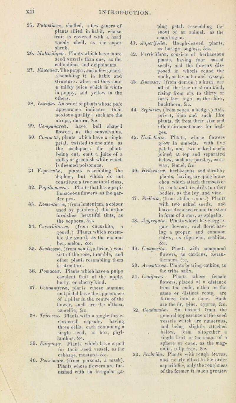 25. Putumineashelled, a few genera of plants allied in habit, whose fruit is covered with a hard woody shell, as the caper shrub. 26. Multisiliqv.ee. Plants which have more seed vessels than one, as the columbines and delphinums 27. Rliceadeee. The poppy, and a few genera resembling it in habit and structure: when cut they emit a milky juice which is white in poppy, and yellow in the others. 2S. Luridce. An order of plants whose pale appearance indicates their noxious quality : such are the atropa, datura, &c. 29. Campahaceee, have bell shaped flowers, as the convolvulus. 30. Contortce, plants which have a single petal, twisted to one side, as the asclepias: the plants being cut, emit a juice of a milky or greenish white which is deemed poisonous. 31 Vepreculce, plants resembling ‘the daphne, but which do not constitute a true natural class. 32. Pupilionacece. Plants that have papi- lionaceous flowers, as the gar- den pea. 33. Lomentacea;, (from lomentnm, a colour used by painters,*) this order furnishes beautiful tints, as the sophora, &c. 34. Cu curb'd ace <z, (from cueurbita, a gourd,) Plants which resem- ble the gourd, as the cucum- ber, melon, &c. 35. Seniicosce, (from sentis, a briar,) con- sist of the rose, bramble, and other plants resembling them in structure. 36. Pomaceee. Plants which have a pulpy esculent fruit of the apple, berry, or cherry kind. 37. Columniferee, plants whose stamina and pistel have the appearauce of a pillar in the centre of the flower, such are the althaea, camellia, &c. 38. Tricocca;* Plants with a single three- cornered capsule, having three cells, each containing a single seed, as box, pliyl- lauthus, &c. 39. Silicjuosce. Plants which have a pod for their seed vessel, as the cabbage, mustard, &c. 40. Pet sonata;, (from persona, a mask). Plants whose flowers are fur- nished with an irregular ga- ping petal, resembling the snout of an animal, as the snapdragon. 41. Asperifolice. Rough-leaved plants, as borage, bugloss, &:c. 42. VerticiUatce, consists of herbaceous plants, having four naked seeds, and the flowers dis- posed in whorls round the stalk, as lavender and hyssop. 43. Dumosce, (from dumus,) a bush, are all of the tree or shrub kind, rising from six to thirty or forty feet high, as the elder, buckthorn, &c. 44. Sepia rite, (from senes, a hedge.) Ash, privet, lilac and such like plants, fit from their size and other circumstances for hed- ges. 45. Umhellatce. Plants, whose flowers grow in umbels, with five petals, and tw'O naked seeds joined at top and separated belowr, such are parsley, cara- way, fennel, &c. 46. Hederacee, herbaceous and shrubby plants, having creeping bran- ches which attach themselves by roots and tendrils to other bodies, as the ivy, and vine. 47. Stellate;, (from stella, a star.) Plants with twro naked seeds, and leaves disposed round the stem in form of a star, as spigelia. 48. Aggregate;. Plants which have aggre- gate flowers, each floret hav- ing a proper and common calyx, as dipsacus, scabius, &c. 49. Composifce. Plants with compound flowery as carduus, xeran- themum, &c. 50. Amentacece. Plants bearing catkins, as the tribe salix. 51. Coniferee. Plants whose female flowers, placed at a distance from the male, either on the same or distinct roots, are formed into a cone. Such are the fir, pine, Cyprus, &c. 52. Coadunatce. So termed from the general appearance of the seed vessels which are numerous, and being slightly attached . below, form altogether a single fruit in the shape of a sphere or cone, as the mag- nolia, tulip tree, &c. 53. Scabridce. Plants with rough leaves, and nearly allied to the order asperifoKac, only the roughness of the former is much greater.
