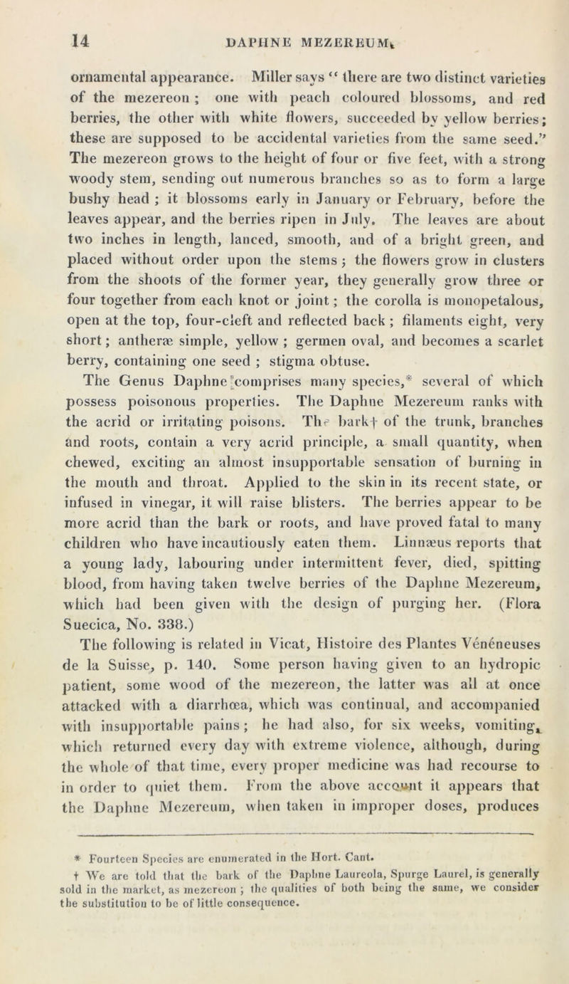 ornamental appearance. Miller says “ there are two distinct varieties of the mezereon ; one with peach coloured blossoms, and red berries, the other with white flowers, succeeded by yellow berries; these are supposed to be accidental varieties from the same seed.” The mezereon grows to the height of four or five feet, with a strong ■woody stem, sending out numerous branches so as to form a large bushy head ; it blossoms early in January or February, before the leaves appear, and the berries ripen in July. The leaves are about two inches in length, lanced, smooth, and of a bright green, and placed without order upon the stems ; the flowers grow in clusters from the shoots of the former year, they generally grow three or four together from each knot or joint; the corolla is monopetalous, open at the top, four-cleft and reflected back ; filaments eight, very short; antherm simple, yellow ; germen oval, and becomes a scarlet berry, containing one seed ; stigma obtuse. The Genus Daphne comprises many species,* several of which possess poisonous properties. The Daphne Mezereum ranks with the acrid or irritating poisons. The barkf of the trunk, branches and roots, contain a very acrid principle, a small quantity, when chewed, exciting an almost insupportable sensation of burning in the mouth and throat. Applied to the skin in its recent state, or infused in vinegar, it will raise blisters. The berries appear to be more acrid than the bark or roots, and have proved fatal to many children who have incautiously eaten them. Linnams reports that a young lady, labouring under intermittent fever, died, spitting blood, from having taken twelve berries of the Daphne Mezereum, which had been given with the design of purging her. (Flora Suecica, No. 338.) The following is related in Vicat, Histoire des Plantes Veneneuses de la Suisse, p. 140. Some person having given to an hydropic patient, some wood of the mezereon, the latter was all at once attacked with a diarrhoea, which w'as continual, and accompanied with insupportable pains; he had also, for six weeks, vomitings which returned every day with extreme violence, although, during the whole of that time, every proper medicine was had recourse to in order to quiet them. From the above account it appears that the Daphne Mezereum, when taken in improper doses, produces * Fourteen Species are enumerated in the Hort. Cant. + We are told that the bark of the Daphne Laureola, Spurge Laurel, is generally sold in the market, as mezereon ; the qualities of both being the same, we consider the substitution to be of little consequence.