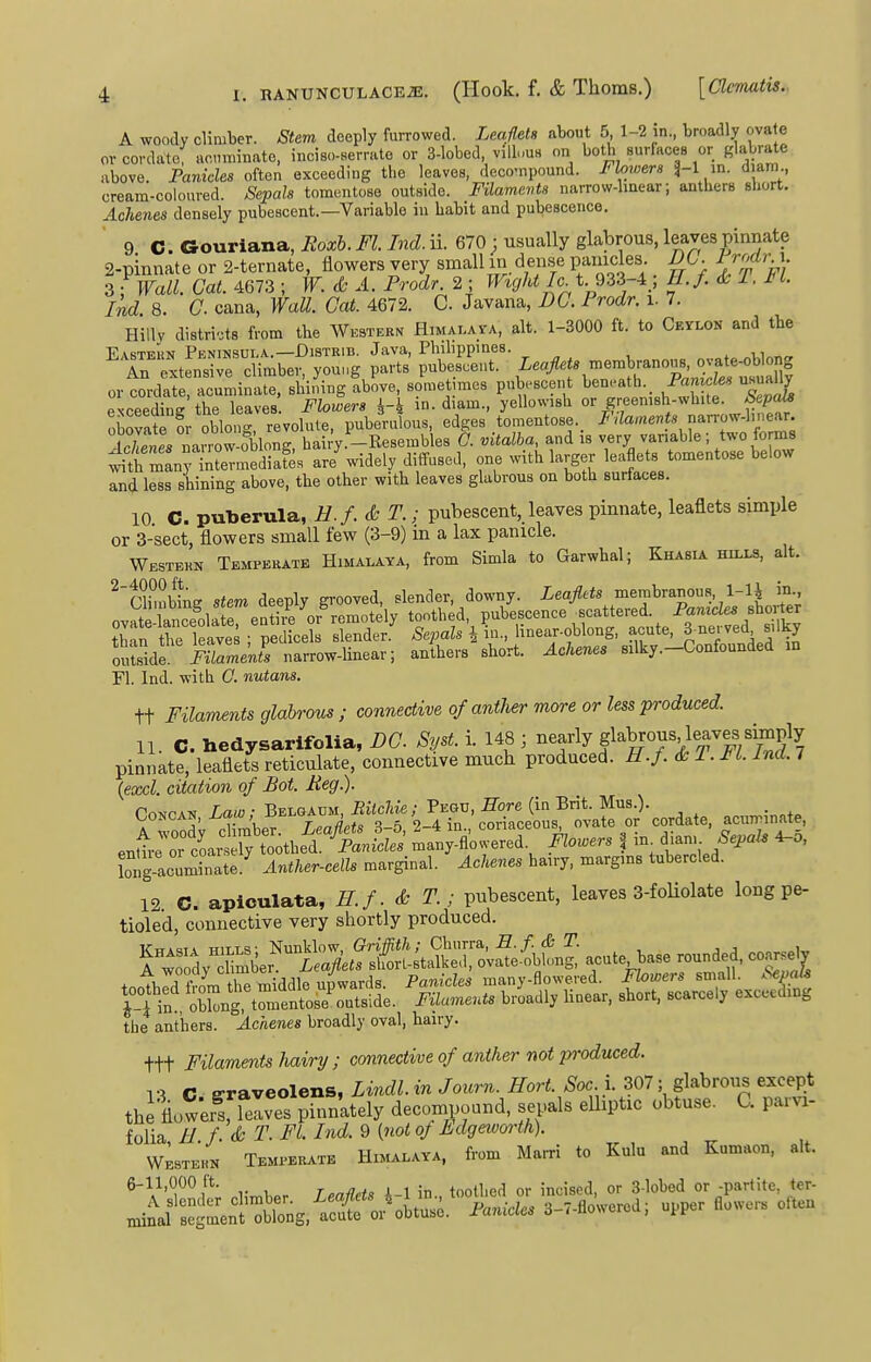 A woody climber. Stem deeply furrowed. Leaflets about 5 1-2 in., broadly ovate orcordato; acuminate, inciso-serrato or 3-lobed, villuUH on both surfaces or glabrate above. Panicles often exceeding the leaves, deco-npound. Flowera i-1 in. diam cream-coloured. Sepals tomentose outside. Filaments narrow-linear; anthers short. Achenes densely pubescent.—Variable in habit and pubescence, ' 9 C. Gouriana, Eoxh. Fl Ind. ii. 670 ; usually glabrous, leaves pinnate 2-pinnate or 2-ternate, flowers very small in dense panicles DC. FrodvA 3 -Wall. Gat. 4673 ; W. & A. Prodr. 2 ; Wight Ic^t.^Zi-^;, H.f. &l.J^l. Ind 8. C. cana, Wall. Cat. 4672. C. Javana, DG.l rodr. i. 7. Hillv districts from the Western Himalaya, alt. 1-3000 ft. to CErLON and the Eastern Peninsula.—DisTKiB. Java, Phihppines. „iUr.,, An extensive climber, you„g parts pubesceut. membranous, ovate-oblong or cordat acuminate, shining abL, sometimes pubescent ben.ath._ Pan^ehs usuaUy exceediuK the leaves Fhwers in. diam., yellowish or greenish-white. Sepais oSroroblon^ re volute, puberulous, edges tomentose. i^'-Zame^fe nan-ow-1, near. lanow-oblong° hai y.-Resembles 0. vitalba, and is very variable ; two iorms iSZ^ZZ^^dJe. are'widely diffused, one with larger leaflets tomentose below and less shining above, the other with leaves glabrous on both surfaces. 10 C. puberula, H.f. & T.; pubescent, leaves pinnate, leaflets simple or 3-sect, flowers small few (3-9) in a lax panicle. Westekn Temperate Himalaya, from Simla to Garwhal; Khabia Hnxs, alt. ^'cHmbL stem deeply grooved, slender, downy. Leaflets membranous, 1-U in., nvH^e anceolateen^ke or remotely toothed, pubescence scattered. PamcZe« shorter thfu ritves; pedicels slender.' ^epaZ. i in., Hnear-oblong, a-te^-nerved silky o2i^r maments narrow-linear; anthers short. Acl^enes silky.-Confounded in Fl. Ind. with 0. nutans. tt Filaments glabrous ; connective of anther more or less produced. 11. C. hedysarifolia, DC Syst. i. 148 ; fl^^^^^^Tz'S? pinnate, leaflets reticulate, connective much produced. H.f. <k T. Jfl. Ind. 7 {excl. citation of Bot. Reg.). Cokcan, La-;^^^^^^^^^^^^^^ ,eumi„.te, enLT cL^ ^y^^othei!^^^^^ mat;^wered. no.ers | diam ^e^«7. ^5, Cg acuminate.' Anther-cells marginal. Achenes hairy, margins tubercled. 12 C. apioulata, H.f.&T.; pubescent, leaves 3-foUolate long pe- tiole'd, connective very shortly produced. the anthers. Achenes broadly oval, hairy. ttt Filaments hairy ; connective of anther not produced. C eraveolens, Lindl. in Journ. Hort. Soc. }. 307; glabrous except th flower^'relvS pinnately dec.unp-<i, se,als elliptic obtuse. C. parvi- folia H f. & T. Fl. Ind. 9 [not of Mgeworth). Westekn Temperate Himalaya, from MaiTi to Kulu and Kumaon, alt. 6-11,000 ft. TeaMs A-1 in., toothed or incised, or 3-lobed or -partite, fer- „^lf::;t;n1'^^ng,iSf: or^itU. Panicles 3-7-flowered; upper flowers o.ten