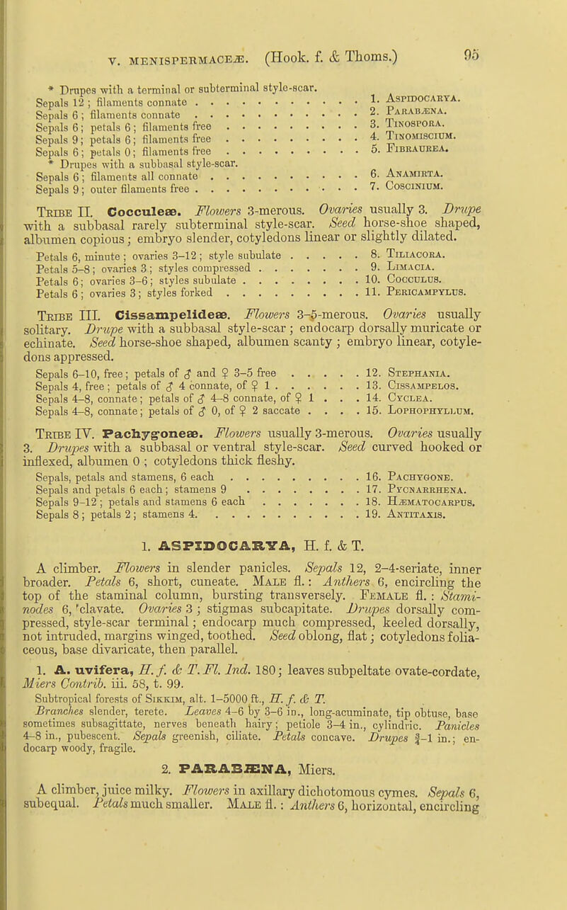 • Drapes -with a terminal or subterminal style-scar. Sepals 12 ; filaments connate Sepals 6 ; filaments connate Sepals 6; petals 6 ; filaments free Sepals 9; petals 6; filaments free Sepals 6; petals 0; filaments free * Drupes witli a siibbasal style-scar. Sepals 6; filaments all connate Sepals 9; outer filaments free Teibe II. Cocculeae. Floivers 3-merous. Ovaries usually 3. Dmpe with a subbasal rarely subterminal style-scar. Seed horse-shoe shaped, albumen copious; embryo slender, cotyledons linear or slightly dilated. Petals 6, minute ; ovaries 3-12 ; style subulate 8. Tiliacoea. Petals 5-8 ; ovaries 3 ; styles compressed 9. Limacia. Petals 6; ovaries 3-6; styles subulate 10. Cocoulos. Petals 6; ovaries 3; styles forked 11. Pericampylus. Tribe HI. Cissampelideae. Flowers 3-5-merous. Ovaries usually solitary. Drupe with a subbasal style-scar ; endocarp dorsally muricate or echinate. Seed horse-shoe shaped, albumen scanty ; embryo linear, cotyle- dons appressed. Sepals 6-10, free; petals of $ and ? 3-5 free 12. Stephania. Sepals 4, free ; petals of (? 4 connate, of ? 1 13. Cissampelos. Sepals 4-8, connate ; petals of S 4-8 connate, of ? 1 . . .14. CrcLEA. Sepals 4-8, connate; petals of ^ 0, of ? 2 saccate .... 15. Lophophtllum. Trtbe IV. Pachyg'oneae. Flowers usually 3-merous. Ovaries usually 3. Drupes with a subbasal or ventral style-scar. Seed curved hooked or inflexed, albumen 0 ; cotyledons thick fleshy. Sepals, petals and stamens, 6 each 16. Pacht&one. Sepals and petals 6 each ; stamens 9 17. PrcNARKHENA. Sepals 9-12; petals and stamens 6 each 18. HiEMvi.TOCARPUS. Sepals 8 ; petals 2 ; stamens 4 19. Antitaxis. 1. ASFIDOCARYA, H. f. & T. A climber. Flowers in slender panicles. Sepals 12, 2-4-seriate, inner broader. Petals 6, short, cuneate. Male fl.: Anthers 6, encircling the top of the staminal column, bursting transversely. Female fl, : Stami- nodes 6, 'clavate. Ovaries 3 ; stigmas subcapitate. Drupes dorsally com- pressed, style-scar terminal; endocarp much compressed, keeled dorsally, not intruded, margins winged, toothed. /S'eec? oblong, flat; cotyledons folia- ceous, base divaricate, then parallel. 1. A. uvifera, H.f. & T.Fl. Ind. 180; leaves subpeltate ovate-cordate, Miers Contrib. iii. 58, t. 99. Subtropical forests of Sikkim, alt. 1-5000 ft., R. f.&T. Branches slender, terete. Leaves 4-6 by 3-6 in., long-acuminate, tip obtuse, base sometimes subsagittate, nerves beneath hairy; petiole 3-4 in., cylindric. Panicles 4-8 in., pubescent. Sepals greenish, ciliate. Petals concave. Drupes |-1 in.; en- docarp woody, fragile. 2. FAIIABS:nA, Miers. A climber, juice milky. Flowers in axillary dichotomous cymes. Sepals 6, subequal. Petals much smaller. Male fl.: Anthers 6, horizontal, encircling 1. AsPrDOCARYA. 2. Parab^na. 3. TlNOSPORA. 4. TiNOMISCIUM. 6. FlBRAUREA. 6. Anamirta. 7. coscinium.