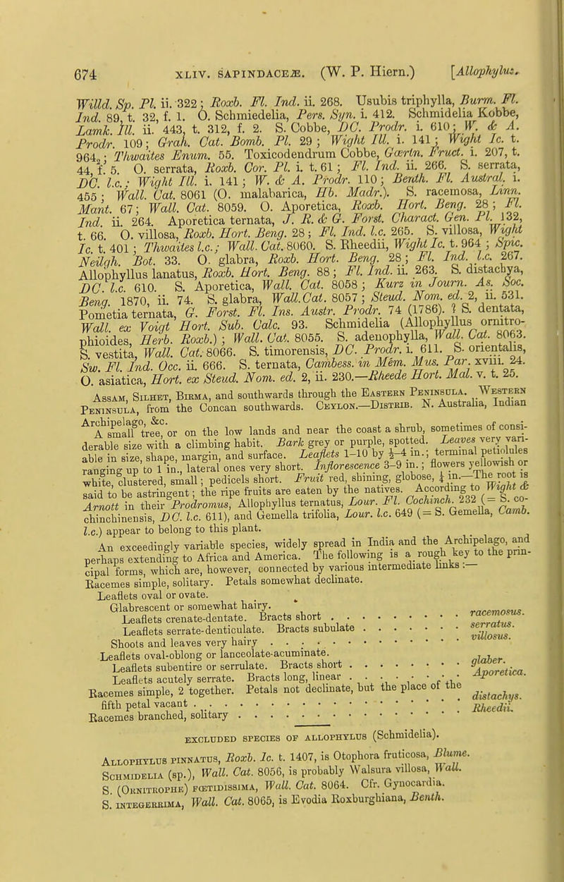 Willd Sp. PI ii. 322; Roxh. Fl. Tnd. ii. 268. Usubis triphylla, Burm. Fl. Ind 89 t 32, f. 1. 0. Schmiedelia, Pers. Syn. i. 412. Schmidelia Kobbe, Lamhili ii. 443. t. 312, f. 2. S. Cobbe i)C;. Prodr. i- 610: <k A Prodr 109; Grak Gat. Bomb. PI. 29 ; Wight III. i. 141 ; Wight Ic. t. 964 • Thwaites Enum. 55. Toxicodendrum Cobbe, Gcerin. Fruct. i. 207, t. 44 f' 5 O. serrata, Roxh. Cor. PI. i. t. 61; Fl. Ind. ii. 266. S. serrata, nb 'i.e.: Wight III. i. 141; W. & A. Prodjr. 110; Berdh. Fl. Audral. i. 455'- Wall. Cat. 8061 (0. malabarica, Hb. Madr.). S. raceinosa, Lmn. Mant. 67; Wall. Cat. 8059. O. Aporetica^ Roxb. Hort. Beng. 28 ; Fl Ind ii 264. Aporetica ternata, J. R. & G. Forst. Cfuiract. Gen. Ft.\d2, t 66 b. villosa, Roxb. Hart. Beng. 28 ; Fl. Ind. I.e. 265. S. villosa, Wvjht ic t'401; Thwaites I.e.; Wall. Cat. 8060. B.'Rheedii, Wight le t. 9Q4: ; &]nc. Neiiqh. Bot. 33. O. glabra, Roxb. Hort. Beng. 28; Fl. Ind. U 267. AUophyllus lanatus, Roxb. Hort. Beng. 88 ; Fl. Ind. 11. 263 S. distacbya, DC I c 610 S. Aporetica, Wall. Cat. 8058; Kurz %n Jouni. As. hoc. Bern 1870 ii. 74. S. glabra, WaU.Gat. 8057; Steud. Norn. ed.% n. 531. SVa ternata, (?. Forst. Fl. Ins. Austr. Prodr 7^ {17&6). S. dentata, Wall, ex Voigt Hort. Sub. Calc. 93. Schmidelia ^opbyUus ormtro- phioides, Herb. Roxb.) ; Wall. Cat. 8055. S. adeiiophylla. Wall Cai. 8063. rvestita, Wall. Cat. 8066. S. timorensis, HC Prodr. 1. 611. S. onentahs, Sw. Fl. Ind. Dec. ii. 666. S. ternata, Cambess. in Mem Mxi^. Par xvul 24. O. asiatica, Hort. ex Steud. Norn. ed. 2, ii. 2Z0.-Rheede Hort. Mai. v. t. 25. Assam, Silhet, Biema, and southwards through the Eastern Pexinsola. Western PenXula, from the Concan southwards. Ckylon.-Disteib. N. Austraha, Indian ^l^imdrt'retor on the low lands and near the coast a shruh sometimes of consi- derable size with a climbing habit. Bark grey or purple, spotted. Leaves very vari- able in size shape, margin, and surface. Leaflets 1-10 by i-4 m.; tennmal petiolules ranging up'to I'in., lateral ones very short Inflorescence 3-9 m.; flowers yellow-h 0 white, clustered, small; pedicels short. Fruit red shmmg, globose, i;?—The roo « Taid to be astringent; the ripe fruits are eaten by the natives. ^According to m^At ^- Arnott in iheivProdromus, ^^^opyXus tern.tu. Lour^ chinchinensis, DC. I.e. 611), and Uemella trifoha. Lour. I.e. 649 (- S. GemeUa, Lamo. I c.) appear to belong to this plant. \n exceedingly variable species, widely spread in India and the Archipelago, and peiis exTendTng' to Africa a'nd America.' f he following is a -gh key to the prin- cipal forms, which are, however, connected by various mtermediate Imks .— Racemes simple, solitary. Petals somewhat decimate. Leaflets oval or ovate. Glabrescent or somewhat hairy. rnr^moius Leaflets crenate-dentate. Bracts short ,eZaZ Leaflets serrate-denriculate. Bracts subulate ^^osul' Shoots and leaves very hairy • . Leaflets oval-oblong or lanceolate-acuminate. „]yiher Leaflets subentire or serrulate. Bracts short A„nrPtira Leaflets acutely serrate. Bracts long linear • ■ • • -^f-.^; Bacemes simple, 2 together. Petals not dechnate, but the place of the fifth petal vacant . RheediL Eacemes branched, sohtary .... . ■ EXCLUDED species OF ALL0PHTLD8 (Schmidelia). Allophtlus pinnatus, Boxh. Ic. t. 1407, is Otophora fruticosa, Blume. ScuMiDELiA (sp.), Wall. Cat. 8056, is probably Walsura viUosa HaW. S (OuNiTKOPHE) FCETiDissiMA, Wall. Cat. 8064. Cfr. Gynocardia. S iNTEGEiuuMA, Wall. Cat. 8065, is Evodia Eoxburghiana, Benth.