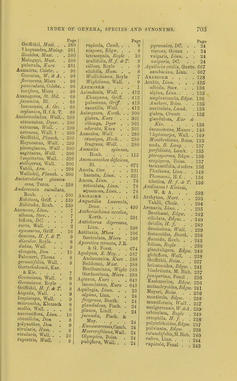 Griffithii, Mast. . . ? heptmira., Maing. ilicoides, Mast. . . Maingayi, ilaat. puberula, Kurz Anamirta, Oolehr. . . Cocculus, IF. & A. , flavescens, Miers paniculata, Colebr, . toxifera, Miers . . Anaxagorea, St. Hil. . javanica, Bl. luzonensis, A. Gr. . zeylaiiica, H.f. &. T. Ancistrocladus, Wall.. attenuatus, Dyer. , extensus, Wall. . , extensus, Wall. ? Griffithii, Planch. . Heyneanus, Wall. . pinangianus, Wall . sagittatus. Wall. sagittatus, Wall. . stelligerus, Wall. Vahlii, Arn. . . . Wallicliii, Planch. , Ancistrolohus glances- cens, Turcz. . . Andersonia cucullata, Roxb Rohitoca, Griff. . . RohiluTca, Eoxb. Anemone, Linn. . , albana, Stev. . biflora, DO. . . . curia, Wall. . . . cynosurus, Griff, demissa, H. f. tfc T. discolor, Royle . . duhia, Wall. . . elongata, Don . . Falconeri, Thorns. . geraniifolia, Wall. . GortschaJcowii, Kar. & Kir Govaniana, Wall. . Govaniana, Eoyle . Griffithii, H. f. & T. hispida, Wall. . . longiscapa, Wall. . micrantha, Elutzsch mollis. Wall. . . , narcissiflora, Linn. . obtusiloba, Don polyanthes, Dan rivularis, Ifam. rivularis, Wall, rupestris, Wall, 98 68 68 68 68 299 300 299 300 30O 299 300 300 526 300 299 300 258 560 559 559 7 7 7 2 16 9 10 8 9 7 8 9 8 9 9 Page Page 680 rupioola, Camb. . . 8 581 scaposa, Edgw. . . 9 680 tetrasepala, lioyle . 10 580 trullifolia,//./. (fcr. 9 581 villosa, Eoyle . . 9 98 vitit'olia, Ham. , . 8 98 Wallichiana, Royle 7 Wightiana, Wall. . 9 ANElIONBiB .... 1 Auisadenia, Wall. . . 412 Khasyana, Griff. . 4 12 pubesoens, Griff. . 413 saxatilis, Wall. . .412 Anisoptera, Korth. . . 300 glabra, Kwrz . . 301 oblonga, Dyer , . 301 odorata, Kurz . .301 Anneslea, Wall. . . 280 crassipes, HooJc. . . 280 fragrans. Wall. . .280 A nneslia spinosa, Roxb 115 Anomosanthes deficiens, Bl 671 Anoda, Cav. . . , 321 hastata, Linn. . . 321 Anona, Linn. ... 78 reticulata, Linn. . 78 squamosa. Linn.. . 78 Anonaoe^ .... 45 Anquetilia Laweola, Dene 499 Antheeischima excelsa, Korth 291 Antichorus depressus, Linn 398 Antitaxis, Miers . .106 fasciculata, Miers . 106 Aporetica ternata, J.R. & G. Porst. . . 674 Apodytes, E. Mey.. . 587 Andamanica, Kurz . 588 Beddomei, Mast. . 588 Benthamiana, Wight 588 Gardneriana, Miers . 588 Apteron, Kwrz . . . 643 lanceolatum, Ku7'z . 643 Aquilegia, Linn. . . 23 alpina. Linn. . , 24 fragrans, Benth. . 24 glandulosa, Pisch. . 24 glauca, Lindl. . . £4 jucunda, Pisch. & Mey 24 Kanawarensis,Ca,mh. 24 Moorcroftiana, Wall. 24 Olympica, Boiss. . 24 pubijlora, Wall. . . 24 PagB pyrenaica, DO. . . 24 viscosa, Gouan . . 24 vulgaris, Linn. . . 24 vulgaris, DC. . . 24 Aquilicia ottilis, Gaertn. 667 sambuvina, Linn. . 667 ARABIDEiE .... 128 Arabis, Linn. . . .135 albida, Stev. , . 136 alpina, Linn. . . . 135 amplexicaulis,.£'ii5rM). 136 Aucheri, Boiss. . . 135 auriculata, ZaM/c . 135 glabra, Crantz . .135 glandulosa, I[ar & Kir 136 incanescens, Munro . 140 Ueptocarpa, Wall. . 149 Montbretiana, Boiss. 135 nuda, B. Lang. . .137 perfoliata, Lamk. . 135 pterosperma,'Edigw.. 136 scapigera, Boiss. . 13/ tafaxacifolia,>4?i(^ers. 136 Thaliana, Linn.. . 148 Thomsoni, H. f. . . 136 tibetica, H. f. tfe T. 136 Araliacea? Kleinii, , W. & A. . . 593 ArchytEsa, Mart. . . 293 Yahlii, Chois. . . 294 Arenaria, Linn.. . . 235 Benthami, Edgw. . 242 ciliolata, Edgw. . . 240 debilis, H. f. . 242 densissima, Wall. '. 239 festucoides, Denth. . 236 flaccida, Roxb. . . 243 foliosa, Royle. . . £36 glanduligera, Edgw. 240 globiflora, Wall. . 238 Griffithii, 5om.. . 237 holosteoides, Edgw. . 241 Umbricata, M. Bieb. 237 juniperina, Fenzl . 236 Kashmerica, Edgw. 236 melandryoides,.£'(i^w. 241 Meyeri, Eoiss. . . 236 monticola, Edgw. . 238 muscifurmis, Wall.. 237 neelgerrensis, W.d-A. 239 orbiculata, Roijle . 240 oreophila, H. f. . . 238 poIytrichoides,^cZ^2<). 237 pulvinata, Edgw. . 238 roiundifolia,il.^\&\i, 240 rvhra. Linn. . . . 244 rwpicola, Fenzl . [ 243