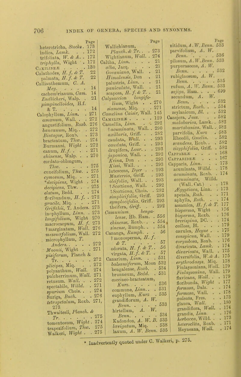 Page heterotriolia, Slochs. 173 indicii, Lamh. ■ • 172 trifoliata, ]¥.<(: A. . 172 triphylln, Wight . 172 Cakii.ine.e .... 130 Calathodes, il./. .t-r. 22 palraata, ^./. <fc r. 22 CaUiauthemum, G. A. Mey 14 ca,cbeiiiirianuin, Cam. 14 Endlicheri, Walp. . 21 ■pimpinelloidcs, H.f. & T. . - . . . 14 Calopliyllum, Linn. . 271 amawMM, Wall. . .2(2 angustifolium, Roxb. 276 hancanwin, Miq-. . 272 Bintagor, Roxb. . 273 braeteatum, Thw. . 274 BurmanBi, Wight . 272 canum, H.f. . . • 271 chinense, Walp. . .270 cordato-oblongum, Thw 275 cuDeifolium, Thw. . 275 cymosum, Miq. . .2/1 *decipiens, Wight . 274 decipiens, Thw. . . 275 elatum, Bedd. . . 274 flr.rihundum, H.f. ■ 272 gracile, Miq. . . .271 Ch'iffiilni, T. Anders. 273 inophyllum, Linn. . 273 longifolium, Wight 270 iiiacrocarpTim, H. f. 2(3 'marginatum. Wall. 27t) messucefoliwm, Wall. 272 micropbyllum, T. Anders.. . • .272 Moonii, Wight . . 271 visiferum, Planch & Tr 272 plicipes, Miq. . • 272 polyanthum, Wall. 274 pulcherrimum, Wall. 271 retusum, Wall. . • 272 spectabile, Willd. . 271 Chois. . . 274 Suriga, Buck. . .276 tetrapetalum, Roxb. 271, 273 Thwaitesii, Planch. & rpr 275 tomentosum, Wight. 274 trapezifoliura, Thw. 275 Walkeri, Wight . . 275 Page Wallichianuin, Planch, cfc Tr. . Wightianum, Wall Caltba, Lhvn. . . . alba, Jacq. . . • Govaniana, Wall. . Himalenm, Don palustris, IJmn. . . paniculata, Wall. . scaposa, E. f-& T. . Calysaccion longifo- lium, Wight . . siamense, Miq. . Camelina Caiair, Wall. CAMELINEiE .... Camellia, lAnn. . ■ 'I acuminata, Wall. . axillaris, Griff. . . caudata, Wall. . . caudata, Griff. . . drupifera, Lour. . ■ japonica. Wall. . • Eeina, Don . • ■ £issi, Wall. . • ■ lutescens, D'/er . . Mastersia, Griff. . oleifoUa, Wall. . • iScottiana, Wall. . , Scottiana, Chois. . shnplicifolia. Griff. symplocifolia. Griff, theifera, Grif. . ■ Oamiinium, lenga lense, Hb. Ham. chinense, Roxb. . sinense, Rumph. . Cananga, Rmiph. . . ? monosperma, H. f. dsT. .... odorata, H. f. & T.. •virgata, H. f.&T. . Canarium, Linn. . . halsamiferum. Moon bengalense, Roxb. . brunneum, Bedd. . coccineo-bracteatum, Kurz commune, Linn.. . euphyllum, Kurz . grandiflorum, A. W. Benn. . • • • hirtellum, A. W. Benn Kadondon, A. W. B. laivigatum, Miq. laxum, A. W. Benn. Page 533 nitidum, A . W. Benn. parvifolium, A. W. Benn. '. . . . pilusuiii, A. W.Benn. purpiirascens, A. W. Benn rubiginosum, A. W. Benn. .... rufum, A. W. Benn. sajiga, Ham. . . . secundum, A. W. Benn strielura, Roxb. . , zeylaiiicum, Bl. . . Cansjera, Jues. . • malabarica, Lamk. . martaJfianica,. Wall, . parvifolia, Kurz Rheedii, Gmelin. scandens, Roxb.. . zizyphifolia, Griff. . CAPPAEE-a3 .... CAPPAUIBEiE . . . Capparis, Linn. acuminata, Willd. , acuminata, Roxb. . accuminata, Willd. (Wall. Cat.) . . jEgyptiaca, Linn. . apetala, Rolh. . . aphylla, Roth. . . assamica, H. f. ft* T. bispei-ma, Wight 556 bisperma, Roxb. 554 J brevispina, DC. . . 554 callosa, Bl. . . • 56 caerulea, Heyne . . conspicua. Wall. 57 corymbosa, Roxb. 56 divaricata, Lamk. . 57 divaricata, Wall. . 531 diversifolia, TF.tt-4. 532 erythrodasys, Miq. 534 Finlaysoniana, Wall. 631 Finlaysoimia, Wall. flavicans, Wall. . . 536 floribunda, WiglU . 531 formosa, Dalz. . . 535 formosa, Wall. . . galeata, Fres. 533 glauca. Wall. ^ . grandiflora, Wall, . 534 grandis, Linn . 635 Acriaeca, Willd. . 538 hcleroclita, Roxb. 535 1 Heyueana, Wall. 273 27-4 21 21 21 21 21 21 21 270 271 145 129 292 290 282 293 293 293 292 293 293 293 293 293 292 282 293 293 292 533 532 535 533 699 532 634 532 582 582 582 583 582 582 682 168 167 173 178 174 178 . 173 , 371 . 174 177 176 176 174 179 175 179 176 174 175 175 178 179 179 179 177 174 178 173 , 180 174 . 176 . 173 . 171 . 174 Inadvertently quoted under C. Walkeri, p. 275.