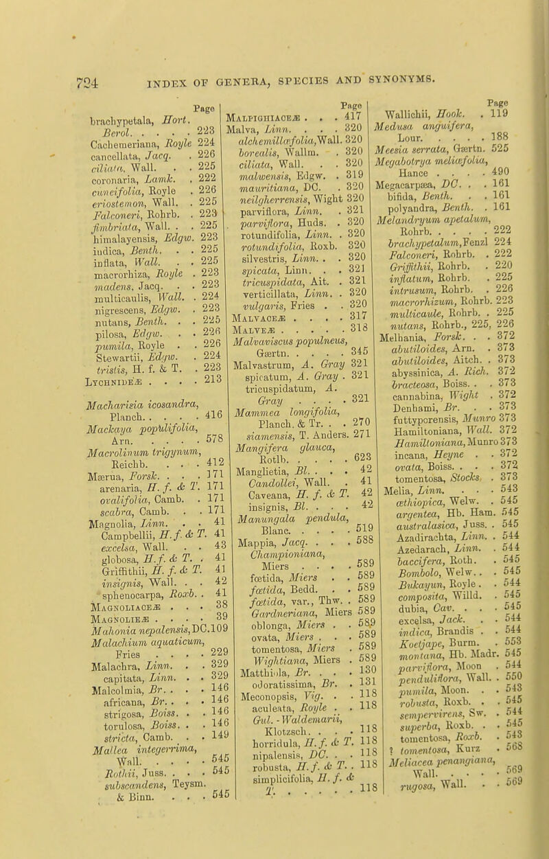 Page br.acliypetala, Hort, Bcrol 2'23 Cacheraeriaua, Royle 224 caneellata, Jacq^. . 226 dliaia. Wall. . . 225 coroiiaria, Lamh. . 222 cnndfulia, Eoyle . 226 criostemon, Wall. . 225 Falconeri, Rolirb. . 223 Jimbriata, Wall. . . 225 himalayensis, jEdgw. 223 iiidica, Benth. . . 225 inflata, Wall. . . 225 macroi-hiza, Royle . 223 madens, Jacq. . • 223 multicaulis, Wall. . 224 nigrescens, Ed'jw. . 223 nutans, Benth. . . 225 pilosa, Edgio. . .226 pumila, Royle . . 226 Stewartii, Ed(/w. . 224 trisds, H. f. & T. . 223 LYOHNIUEiE . . . .213 Macharida icosandra, Planch. . . . . 416 Machaya popUlifolia, Am 578 Macrolinum trigynum, Eeichb. . . .412 Mserna, Forslc. . . .171 arenaria, II. f. & 2'- 171 ovalifoha, Camb. . 171 scabra, Camb. . .171 Magnolia, lAnn. . • 41 Campbellii, fi./.^?'- 41 exceha, Wall. . • 43 globosa, E. f. & T. . 41 Griffithii, fi./. cfc r. 41 insignis, Wall. . . 42 sphenocarpa, Roari. . 41 MAGNOLIAOEiB ... 38 Magnolie^ . • • 39 Mahonia nepalemw,'DG.109 Malachium aquaticum, Fries .... 229 Malachra, Linn. . . 329 capitata, Linn. . . 329 Malcolmia, Br. . . .146 africana, Br.. . .146 strigosa, Boiss. . .146 torulosa, Boiss. . .146 stri'cta, Camb. . .149 Mdlea integerrima, Wall Rothii, Juss. ... 545 suhscandens, Teysm. & Binn. . . -545 Page MALPiaUIAOEiE . . . 417 Malva, Linn. . . . 320 alckcmilUi:folia,Wall. 320 horealis, Wallm. . 320 ciliata. Wall. . . 320 malwensis, Edgw. . 319 mmiritiana, DC. . 320 neilgherrensis, Wight 320 parviflora, Linn, . 321 farviflora, Huds. . 320 rotundifolia, Linn. . 320 rotundifolia, lloxb. 320 silvestris, Linn. . . 320 spicata, Limi. . .321 tricuspidata, Ait. . 321 verticillata, Linn. . 320 vulgaris, Fries . . 320 Malvaoe^ .... 317 Halved 318 Malvaviscus populneus, Gtertn 345 Malvastrum, A. Gray 321 spicatum, A. Gray . 321 tricuspidatum, A. Gray . ■ ■ Mammea longifolia, Planeli. & Tr. . siamensis, T. Anders. 271 Mangifera glauca, Rotlb Manglietia, Bl. . . • Candollei, Wall. Caveana, H. f. <k T. insignis, Bl. . Manungala pendula, Blanc 519 Page Wallichii, Eook. . 119 Mcdma anguifera, Lour 188 Meeda serrata, Gaertn. 525 Megabotrya melicefolia, Hance .... 490 Megacarpa3a, DC. . . 161 bifida, Benth. . .161 polyandra, Benth. . 161 Melandryum apetalurn, Rohrb 222 hrachypetalum,,'Feazl 224 Falconen, Robrb. . 222 Griffithii, Rohrb. . 220 injlalum, Rohrb. . 225 zntrusum, Rohrb. . 226 macrorhizum, Rohrb. 223 multicaide, Rohrb. . 225 nutans, Rohrb., 225, 226 321 270 623 42 41 42 42 Melhania, Forsk. abutiloides, Arn. . ahuiiloides, Aitch. abyssinica, A. Rich, hracteosa, Boiss. . cannabina, Wight Denhami, Br. futtyporensis, Munro 373 Hamiltoniana, Wall. 372 Hamiltoniana, Munro 373 372 373 373 372 373 372 373 588 589 589 589 589 Mappia, Jacq. Championiana, Miers . . . foetida, Miers . fceiida, Bedd. . fcetida, var., Thw. Gardneriana, Miers 589 589 589 589 589 130 131 118 118 oblonga, Miers ovata, Mie7-s . tomentosa, Miers Wightiana, Miers Matthiola, Br. . . odoratissima, Br. Mecouopsis, Vig. . aouleata, Royle . Gtd. -Waldemarii, Klotzscli. . horridula,//./. .fcT. US nipalensis, DC. . .118 robusta, H.f. tfc T. . 118 simplicifolia, II. /. <fc 2'^ 118 incana, Heyne ovata, Boiss. . . . tomentosa, StocJcs . Melia, Linn. . . ■ cBthiopica, Welw. . argentea, Hb. Ham. australasica, Juss. . Azadirachta, Linn. . Azedarach, Linn. . laccifera, Roth. Bombolo, Welw.. . Bnlcayun, Royle. . composiia, Willd. , dubia, Cav. . . ■ excelsa, Jack, indica, Brandis . Koctjapc, Burm. 372 372 373 543 545 545 545 544 544 545 545 544 545 545 544 544 553 118 moniuna, Hb. Madr. 545 parvifiora, Moon penduMora, Wall. . pumila. Moon. . . robusta, Roxb. . . scmjKrvircns, Sw. . saperba, Roxb. . . tomentosa, Ro.rb. . . tomentosa, Kurz Meliacea penangiana, Wall. 544 550 543 545 544 .')45 543 568 .569 ,-u^osa,'Wall. . • 569