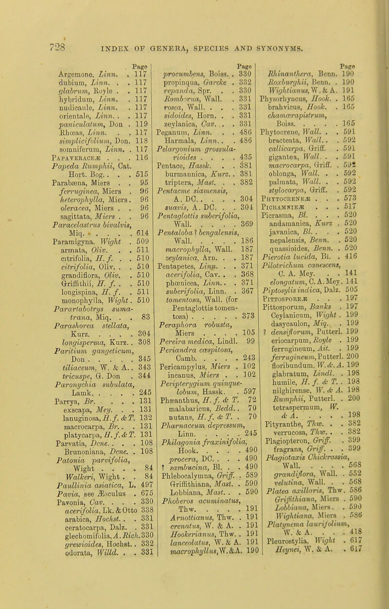 Page A T • Argemone, /jitiTi, J. 1 ( dubiurQj Lijin. . • (/IcibvuDij lloyle . • 117 11/ 11 7 1 L I liybridunij Lmti, , 11/ 1 .t in 11 UU(-UOcbll Lc^ ijifliilt't • 11 7 oricntfilftj Liim. , • 117 paniculatim, Don . 119 Hhceas, Linn. 117 simplicifolium, Don. 118 somniferura, Linn, . 117 PAPAVERAOEiB . . . 116 Papeda Ruw.phii, Cat. Hovt. Bog.. . . 515 Parabsena, Miers . . 95 ferrnginea, Miers . 96 heterophylla, Miers. 96 olerar.ea, Miers . . 96 sagittata, Miers . . 96 Paracelastrus hivalvis, Miq. . . . . .614 Paramigyna. Wight . 509 armata, Oliv. , .511 citrifolia, H.f. . .510 citrifolia, Oliv. . . 510 grandiflora, Oliv. , 510 Griffithii, ff. f. . . 510 longispina, S. f. .511 monophylla, Wight. 510 Parartahotrys suma- trana, Miq. . . 83 Parashorea stellata, Kurz 304 longisperma, Kurz.. 308 Parilium gangeticum, Don 345 tiliaceum, W. k A.. 343 tricuspe, G. Don . 344 Paronychia suhulata, Lamk 245 Parrya, Br 131 exscapa, Mey. . .131 lanuginosa,!?./, cfcr. 132 macvocarpa, ji5»'.. . 131 platycarpa, ^./. <fcr. 131 Pai-vatia, Dene.. . .108 Brunoniana, Dene. . 108 Patonia parvifolia, Wight .... 84 Walkeri, Wight . . 84 Paullinia asiatica, L. 497 Pavia, see .ffisculus . 675 Pavonia, Cav. . . . 330 acerifolia, Lk. & Otto 338 arabica, Uochst.. .331 ceratocarpa, Dalz. . 331 glechomifolia, A. Rich. 330 grewioides, Hoehst.. 332 odorata, Willd. . . 331 Pago procumbens, Boisa. . 330 propinqua, GarcJce . 332 repanda, Spr. . . 330 Jlomb-iriia, Wall. . 331 rosea, Wall. . . . 331 sidoides, Horn. . . 331 zeylanica, Oav. , . 331 Pegauuiu, Linn. . . 480 Harmala, Linn.. . 486 Pelargonium grossula- rioides .... 435 Pentace, Hassle. . . SSl burmannioa, Kurz, . 381 triptera, Mast. . . 382 Pentacme siamensis, A. DC 304 suavis, A. DC. . . 304 Pentaglottis suberifolia, Wall 369 Penialoba ? bengalensis. Wall 186 macrophylla, Wall. 187 zeylanica, Arn. . . 187 Pentapetes, Linn. . . 371 acerifolia, Cav. . . 368 phcenicea, Linn.. . 371 suberifolia, Linn. . 367 tomentosa, Wall, (for Pentaglottis tomen- tosa) 373 Perajihora robusia, Miers . . . . 105 Pereira medica, Lindl. 99 Periandra ccespitosa, Camb 243 Pericampylus, Miers . 102 incanus, Miers . .102 Peripterygium quinque- lobum, Hassk. . 597 Phseanthus, E. f T. 72 malabaricus, Bedd.. 70 nutans, H.f i= T. . 70 Pharnaceum depressum. Linn. .... 245 Philagonia fraxinifolia, Hook 490 procera, DC. . . . 490 ? sambucina, Bl. . . 490 Phlebocalymna, Gh-iff. ■ 589 ftriffithiana, Mast. .' 590 Lobbiana, Mast. . . 590 Phoberos acuminatus, Thw 191 Arnottianus, Thw. . 191 crenatus, W. & A. . 191 Hooherianns, Thw. . 191 lanceolatus, W. & A. 191 macrophyllu,s,\Y.Si,A, 190 Page Rhinanthera, Benn. 190 Roxburghii, Benn. . 190 Wight ianus, W. & A. 191 Physorliyncus, Jlook. . 165 brahvicus, Hook. . 165 chamcBrapUlrum, Boiss 165 Phytoorene, Wall. . . 591 bracteata, Wall.. . 592 callicarpa, Griif. , 591 gigantea, Wcdl. . , 591 macrocarpa, (iriS. . 592 oblonga, Wall. . . 592 palmata, Wall. . . 592 styloca/i'pa, Grriff. . 692 Phytoorene^ . . . 573 p1ckamnie.b . . . 617 Picrasma, Bl. . . . 520 andamanica, Kurz . 520 javanica, Bl. . . . 520 nepalensis, Benn. . 520 quassioides, Benn. . 520 Pierotia lucida, Bl. .416 Pilotrichum cancscens, C. A. Mey. . .141 elongatum,G. A.Mey. 141 Piptosylis indica, Dalz. 505 P1TT0SP0RE.E . . .197 Pittosporum, Banks . 197 Ceylanicum, Wight . 199 dasycaulon, Miq. . 199 ? densijiorum, Putterl. 199 eriocarpum, iJoj/Ze . 199 ferrugineum, Ait. . 199 /e?Tit(/meMnt, Putterl. 200 floribundum. W.&.A. 199 glabi-atum, Lindl. . 198 humile, H. f <b T. . 193 nilghirense, TT'^. <fc A. 198 Rumphii, Putterl. . 200 tetraspermum, W. &A 198 Pityranthe, Tim. . . 382 verrucosa, Thto. . .382 Plagiopteron, Griff. . 399 fragrans, Griff'. . . 399 Plagiotaxis Chickrassia, Wall 568 grandiflora. Wall. . 552 velutina, Wall. . . 568 Platea a.-mllnris, Thw. 586 Griffthiana, Miers . 590 Lobbiana, Miers. . 590 Wightiana, Miei-s . 586 Platynema laurifolium, W. & A. ... 418 Pleurostylia, Wight . 617 Heynei, W. & A. . 6l7