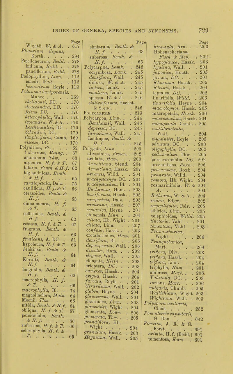 Page Wightii, W.cbA. . 617 Ploiarium elegans, Korth 294 Poeciloneuron, Bedd. . 278 indicum, £edd. . . 278 paiiciflorum, Bcdd. . 278 Podophyllum, Zwm. .112 emodi. Wall. . .112 kexandrum, Eoyle . 112 Polanisia burtpormsis, Munro .... 169 chelidonii, DC. . .170 dodecandra, DC. . 170 felina, DC. . . .170 heterophijUa, Wall. . 170 icosandra,W. &A. . 170 Leschenaultii, DC. . 170 Schraden, DC. . . 170 simplicifolia, Camb. 169 viscosa, DC. . . .170 Polyalthia, Bl. . . . 62 ? aberrans, Maing.. 67 acuminata, Thw. . 63 argentea, H. f. iSs T. 67 bifaria, Benth. &H.f. 62 biglandulosa, Benth. &H.f. ... 65 cardiopetala., Dalz. . 75 cauliflora, H.f. & T. 66 cerasoides, Benth. & H.f .... 63 cinnamomea, S. f. dkT. .... 65 coifeoides, Benth. d- H.f .... 62 costata, H. f & T. . 67 fragrans, Benth. & ^./. .... 63 fruticans, A. DC. . 51 hypoleuca, H.f d: T. 63 Jenkinsii, Benth. <S; H.f. .... 64 Korinti, Benth. & H.f .... 64 longifolia, Benth. tfc H.f .... 62 macrophylla, H. f. & T. .... 66 macrophylla, Bl. . 74 magnoliieflora. Main. 64 Moonii, Thw. . . 66 nitida, Benth. cfc ^./. 64 obliqua, H. f. & T. 67 persiciefolia, Benth. <kH.f. ... 66 rufescens, H.f.&T. 66 Bclerophylla, ^. f. & T. 65 Page simiarum, Benth. <fc i/./. .... 63 suberosa, Benth. <Si H.f .... 65 Polycarpsea, Lanik. . 245 corymbosa, Lamh. . 245 densijlora, Wall. . 245 diffusa, W.& A. .245 indica, Lamk. . ,245 spadicea, Lamk. . 245 spicata, W.<S:A. .246 staticceforniis, Ilochst. & Sieud. . . . 246 PoLYOARPE^ . . . 213 Polycarpon, Linn. . .244 Benthamii, Wall. . 245 depressa, DC. . . 245 lanuginosa, Wall. . 245 Loeflingiae, Benth. & H.f. .... 245 Polygala, lAnn. . .200 abyssinica, Fresen. . 2U2 arillata. Ham. . .200 Arnottiana, Steiid. 204 Arnottiana, Hassk. 207 arvensis, Willd. . .204 brachystachya, DC. , 204 brachystachya, Bl. . 204 Buchanani, Ham. . 203 buxiformia, Ha.ssk. . 205 campestris, Dalz. . 203 canarana, Hassk. . 207 ceylanica, Heyne . 201 chinensis. Linn. . . 204 ciliata, Hb. Wight . 204 ciliata. Linn. . . 207 confusa, Hassk. . . 203 crotalarioides. Ham. 201 densijlora, Bl. . , 206 depcmperala. Wall. . 206 discolor. Ham. . .202 elegans, Wall. . . 205 elongata, Klein . . 203 erioptera, BO. . . 203 eumekes, Hassk. . . 204 exigua, Hassk. , . 204 furcata, Royle . .201 Gerardiana, Wall. . 202 glabra, Heyne . . 204 glaucescens. Wall. . 201 glaucoides. Linn. . 203 glaucoides, Wight . 204 glomerata, Lour. . 206 glomerata, Thw. . . 205 grandiflora, Hb. Wight . . . .204 granulata, Hassk. . 203 Heyneana, Wall. . 206 Page hirsutula, Arn. . . 2u3 Hohenackeriana, Fisch. <b Mey. .202 hypoglauca, Hassk. 203 hyalma. Wall. . .201 japonica, Houtt. . 205 javana, JDO. . . .201 Kliasiana, Hassk. . 2U5 Kleinii, Hassk. . . 204 leptalea, DO. . . 202 linarifolia, Willd. . 206 linarifolia, Heyne . 204 macrolophos, Hassk. 205 macropetala, Hassk. 206 macrostachya, H-tissk. 204 monopetala, Camb. . 205 multibracteata, Wall 204 myrsinites, Eoyle . 205 oblusata, DC. . . 203 oligophylla, DC. . 202 pedunculosa, Thw. . 205 persicariaefolia, DC. 202 procumbens, Jioxb. . 206 procumbens, Eoxb. . 204 prostrata, Willd. . 204 ramosa, Hb. Wight. 204 rosmarinifoiia, W. <Se 204 A 204 Rothiana, W. & A. . 204 scabra, Edgw. . . 202 serpyllifolia, Poir. . 205 sibirioa. Linn. . . 205 telephioides, Willd. 205 tinctoria, Vahl . . 2i)l tomentosa, Vahl . 203 Tranquebarica, Wight . . . .204 Tranquebarica, Mart 204 triflora, Oliv. . . 203 triflora, Hassk. . . 204 triflora, Linn. . .204 triphylla. Ham. . 201 Timbrosa, Mart. . . 206. Vahliana, DC. . . 203 varians, Ma7-t. . . 206 vulgaris, Thunb. . 205 Wallichiana, Wight 203 Wightiana, Wall. . 203 Polyspora axillaris, Chois 282 Pomaderris capsularis, I G. Don . . .642 Pometia, J. E. & G. Forst 691 cvimia, H.f. (Bedd.) 691 ; tomentosa, Kurz , 691