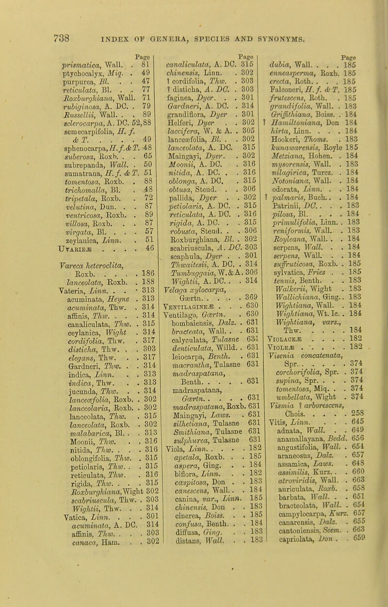 Pago prismatica. Wall. . 81 ptychocalyx, Miq. . 49 purpurea, Bl. ■ • 47 reticulata, Bl. . 77 Boxlim/hiana, Wall. 71 ruh 'ujinosa, A. DC. . 79 RusseUii, Wall. . .89 sclerocarpa,A.'DG. 52,88 semecarpifolia, H. f. .... '19 sphenocarpa, ^T./.cfcr. 48 suberosa, Roxh. . . 65 Bubrepanda, Wall. . 50 sumatrana, H.f.&T. 61 tomeniosa, Roxb. . 88 trichomalla, Bl. . 48 tripetala, Roxb. . 72 velutina, Dun. . . 87 ventricosa, Eoxb. . 89 villosa, Roxb. . . 87 virgata, Bl. . . . 57 zeylauica, Linn. . 61 Utarie^ .... 46 Vareca heteroclita, Roxb 186 lanceolata, Roxb. . 188 Vateria, Linn. . . '313 acunainata, Heyne . 313 acuminata, Thw. . 314 affinis, Tliw. . . .314 canaliculata, Thw. . 315 ceylanica, Wight . 314 cordifolia, Thw. . 317 disti'cha, Tliw. . . 303 elegans, Thw. . . 317 Gardneri, Tim. . . 314 indioa, lAnn. . . 313 indica, Thw. . . 313 jucunda, Thio. . . 314 lancecefolia, Roxb. . 302 lanceolaria, Roxb. . 302 lanceolata, Thw. . 315 lanceolata, Roxb. . 302 malaharica, Bl. . . 313 Moonii, Tliw. . . 316 nitida, Thw. . . .316 oblongifolia, Thw. . 315 petiolaris, Thw. . . 315 reticulata, Thv). . 316 rigida, Thw. . . . 315 Jloxburghiana,Wigh.t 302 scabriuscida, Thw. . 303 Wighlii, Thw. . . 314 Vatica, Linn. . . • 301 acuminata, A. DC. 314 affinis, Thw. . . .303 canaca, Ham. . . 302 Pago canaliculata, A. DC. 316 chincnds, Linn. . 302 ? cordifolia, Thw. . 303 ? disticha, A. DG. . 303 faginea, JDycr. . . 301 Oardncri, A. DC. . 314 grandiflora, i)//er . 301 Helferi, Dyer . . 302 laccifcra, W. & A. . 305 lanceasfolia, Bl. . . 302 lanceolata, A. DC. 315 Maingayi, Dyer. . 302 Moonii, A. DC. . 316 nitida, A. DC. . . 316 oUonga, A. DC, . 315 obtusa, Steud. . . 306 pallida, Dyer . . 302 petiolaris, A. DC. . 316 reticulata, A. DO. . 316 rigida, A. DC. . . 315 robusta, Steud. . . 306 Roxburgbiana, Bl. . 302 scabriuscula, A. DQ. 303 ecaphula. Dyer . . 301 Thwaitesii, A. DC. . 314 Tumbiiggaia, W.& A. 306 Wightii, A. DC. . . 314 Velaga xylocarpa, Gaertn 369 VENTILiGINE^ . . • 630 Ventilago, Gcertn. . 630 bombaiensis, Dalz. . 631 hracteata. Wall. . . 631 calyculata, Tidasne 631 denticulata, Willd. . 631 leiocarpa, Benth. . 631 macrantha, Tulasne 631 madraspatana, Benth 631 madraspatana, GcBrtn 631 madraspatana, Eoxh. 631 Maingayi, Laws. . 631 silhetiana, Tulasne 631 Smithiana, Tulasne 631 sulphurea, Tulasne 631 Viola, Linn 182 apetala, Roxb. . .185 aspera, Ging. . .184 biflora. Linn. . .182 cmspitosa, Don . .183 camesccMS, Wall.. . 184 canina, var., Linn. 185 chinensis, Don . . 183 cinerea, Boias. . .185 confusa, Benth. . .184 diflfusa, Ging. . ■ 183 distans. Wall. . • 183 Page duhia. Wall. . . .185 enneaspemia, Roxb. 185 erccla. Roth. . . . 185 Falconeri, IT./. &T. 185 frutescens. Roth. . 185 grandifolia, Wall. . 183 GriJfUhiana, Boiss. . 184 ? Hamilloniana, Don 184 hirta. Linn. . . . 184 Hookeri, Thorns. . 183 hunawarensis, Royle 185 Metziana, Hohen. . 184 mysorends, Wall. . 183 nilagirica, Turoz. . 184 Notoniana, Wall. . 184 odorata, Linn. . .184 ? palmaris, Buch.. . 184 Patrinii, DO.. . .183 pilosa, Bl. ... 184 primulifolia. Linn. . 183 reniformis, Wall. . 183 Royleana, Wall. . .184 serpens, Wall. . .184 serpens, WalL . .184 suffruticosa, Roxb. . 185 sylvatica, FHes . .185 tenuis, Benth. . .183 WalTccrii, mght . 183 Wallichiana, Ging.. 183 Wightiana, Wall. . 184 Wightiana, Wt. Ic.. 184 Wightiana, vars., Thw 184 ViOlACiLS! .... 182 Violet . •. . . .182 Visenia concatenata, Spr 374 corchorifolia, Spr. . 374 supina, Spr. . . . 374 tomentosa, Miq. . . 374 umbellata, Wight . 374 Vismia ? arborcsccns, Chois 258 Vitis, Linn. . . .645 adnata, Wall. . . 649 anamallayana, Bedd. 656 angustifolia. Wall. . 654 araneosus, Dalz. . 657 assamica. Laws. . 648 assimilis, Kurz.. . 660 atroviridis, Wall. . 663 auriculata, Roxb. . 658 barbata, Wall. . . 651 bracteolata, Wall. . 654 campylocarpa, Kurz. 657 canarensis, Z>alz. . 655 cantoniensis, Seem. . 663 capriolata, Don . . 659