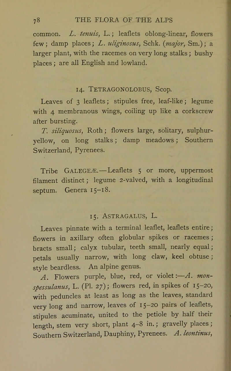 common. L. tenuis, L.; leaflets oblong-linear, flowers few; damp places; L. uliginosus, Schk. (major, Sm.); a larger plant, with the racemes on very long stalks; bushy places; are all English and lowland. 14. Tetragonolobus, Scop. Leaves of 3 leaflets; stipules free, leaf-like; legume with 4 membranous wings, coiling up like a corkscrew after bursting. T. siliquosus, Roth ; flowers large, solitary, sulphur- yellow, on long stalks; damp meadows; Southern Switzerland, Pyrenees. Tribe Galege/E.—Leaflets 5 or more, uppermost filament distinct; legume 2-valved, with a longitudinal septum. Genera 15-18. 15. Astragalus, L. Leaves pinnate with a terminal leaflet, leaflets entire; flowers in axillary often globular spikes or racemes; bracts small; calyx tubular, teeth small, nearly equal; petals usually narrow, with long claw, keel obtuse; style beardless. An alpine genus. A. Flowers purple, blue, red, or violet:—A. mon- spessulanus, L. (PI. 27); flowers red, in spikes of 15-20, with peduncles at least as long as the leaves, standard very long and narrow, leaves of 15-20 pairs of leaflets, stipules acuminate, united to the petiole by half their length, stem very short, plant 4-8 in.; gravelly places; Southern Switzerland, Dauphiny, Pyrenees. A. leontinus,