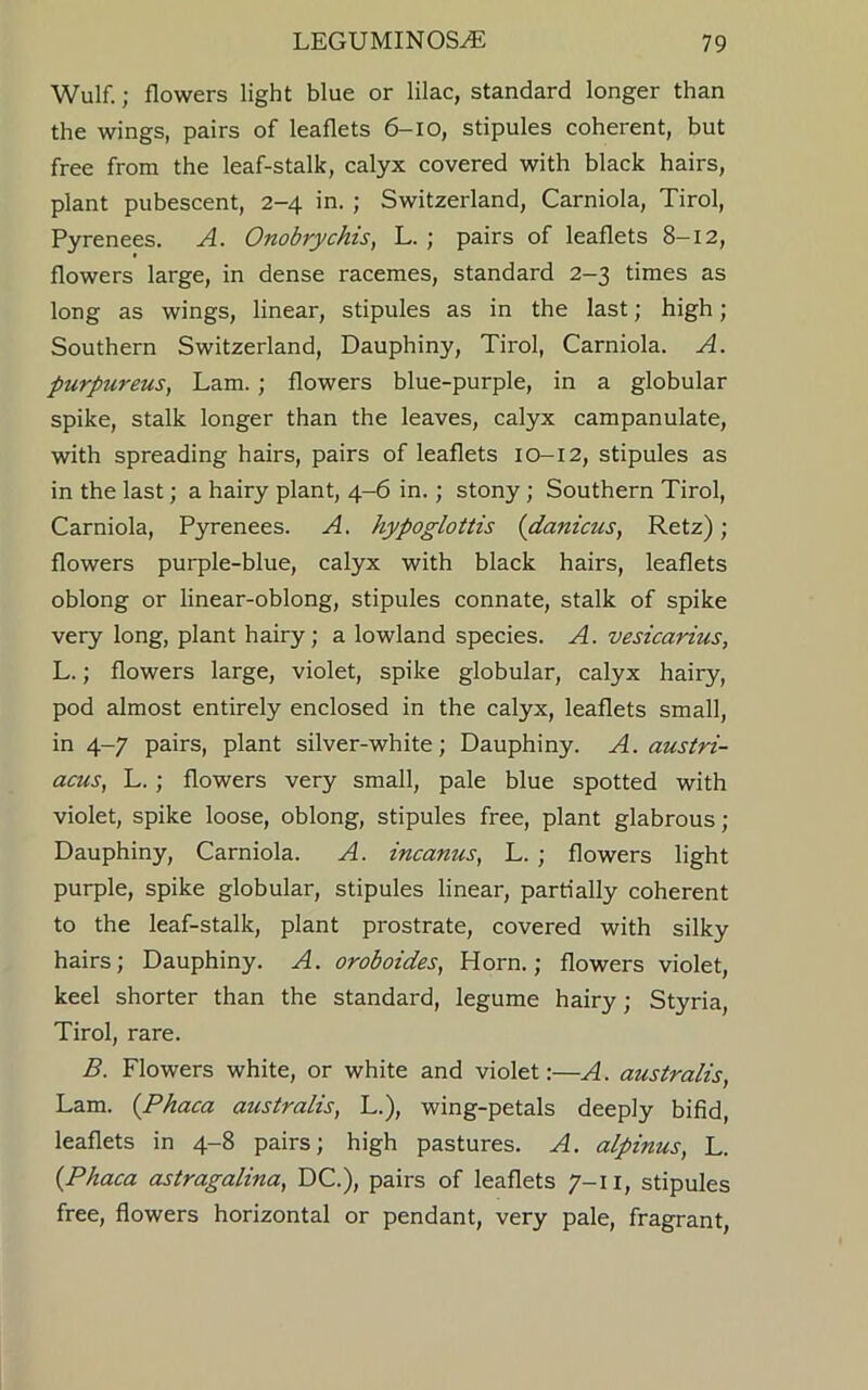 Wulf.; flowers light blue or lilac, standard longer than the wings, pairs of leaflets 6-IO, stipules coherent, but free from the leaf-stalk, calyx covered with black hairs, plant pubescent, 2-4 in. ; Switzerland, Carniola, Tirol, Pyrenees. A. Onobrychis, L. ; pairs of leaflets 8-12, flowers large, in dense racemes, standard 2-3 times as long as wings, linear, stipules as in the last; high; Southern Switzerland, Dauphiny, Tirol, Carniola. A. purpureus, Lam. ; flowers blue-purple, in a globular spike, stalk longer than the leaves, calyx campanulate, with spreading hairs, pairs of leaflets 10-12, stipules as in the last; a hairy plant, 4-6 in.; stony ; Southern Tirol, Carniola, Pyrenees. A. hypoglottis (danicus, Retz); flowers purple-blue, calyx with black hairs, leaflets oblong or linear-oblong, stipules connate, stalk of spike very long, plant hairy; a lowland species. A. vesicarius, L.; flowers large, violet, spike globular, calyx hairy, pod almost entirely enclosed in the calyx, leaflets small, in 4-7 pairs, plant silver-white; Dauphiny. A. austri- acus, L. ; flowers very small, pale blue spotted with violet, spike loose, oblong, stipules free, plant glabrous ; Dauphiny, Carniola. A. incanus, L. ; flowers light purple, spike globular, stipules linear, partially coherent to the leaf-stalk, plant prostrate, covered with silky hairs; Dauphiny. A. oroboides, Horn.; flowers violet, keel shorter than the standard, legume hairy; Styria, Tirol, rare. B. Flowers white, or white and violet:—A. australis, Lam. (Phaca australis, L.), wing-petals deeply bifid, leaflets in 4-8 pairs; high pastures. A. alpinus, L. {Phaca astragalina, DC.), pairs of leaflets 7-1 X, stipules free, flowers horizontal or pendant, very pale, fragrant,