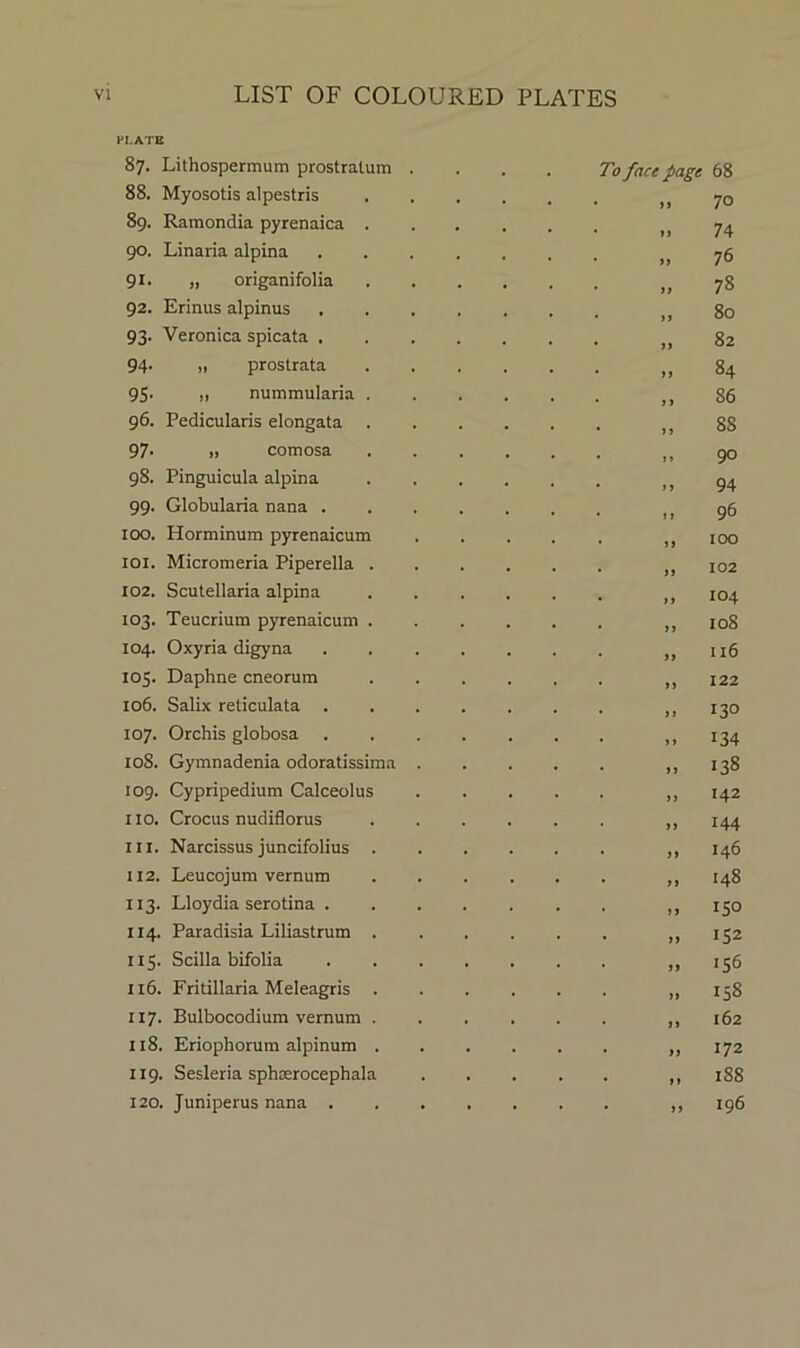 FI-ATE 87. Lithospermum prostratum 88. Myosotis alpestris 89. Ramondia pyrenaica . 90. Linaria alpina 91. „ origanifolia 92. Erinus alpinus 93. Veronica spicata . 94- II prostrata 95. II nummularia . 96. Pedicularis elongata . 97- II comosa 98. Pinguicula alpina 99. Globularia nana . 100. Horminum pyrenaicum 101. Micromeria Piperella . 102. Scutellaria alpina 103. Teucrium p)Tenaicum . 104. Oxyria digyna 105. Daphne cneorum 106. Salix reticulata . 107. Orchis globosa 108. Gymnadenia odoratissima 109. Cypripedium Calceolus 110. Crocus nudiflorus 111. Narcissusjuncifolius . 112. Leucojum vernum 113. Lloydia serotina . 114. Paradisia Liliastrum . 115. Scilla bifolia 116. Fritillaria Meleagris . 117. Bulbocodium vernum . 118. Eriophorum alpinum . 119. Sesleria sphrerocephala 120. Juniperus nana . To face page 68 I. 70 II 74 ,1 76 I, 78 I, 80 II 82 11 84 I, 86 II 88 I, 90 II 94 II 96 II 100 II 102 II 104 I, 108 II 116 II 122 II 130 II 134 II 138 I. 142 ■ I 144 II 146 II 148 II 150 II 152 II 156 II 158 II 162 II 172 II 188 II 196