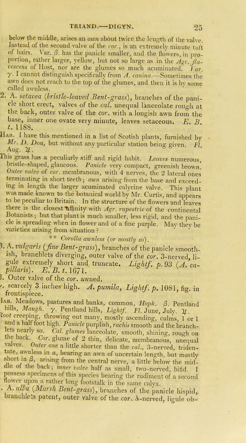 below the middle, arises an awn about twice the length of the valve. Instead of the second valve of the cor., is an extremely minute tuft of hairs. Var. /3. has the panicle smaller, and the flowers, in pro- portion, rather larger, yellow, but not so large as in the Agr. fla- vescens of Host, nor are the glumes so much acuminated. Var. y. I cannot distinguish specifically from A. canina.—Sometimes the awn does not reach to the top of the glumes, and then it is by some called awnless. 2. A. sef.acea (bristle-leaved Bent-grass), branches of the pani- cle short erect, valves of the cal. unequal lanceolate rough at the back, outer valve of the cor. with a longish awn from the base, inner one ovate very minute, leaves setaceous. E. B t. 1188. Hab. I have this mentioned in a list of Scotish plants, furnished by Mr. D. Don, but without any particular station being given Ft ^ Aug. %. This grass has a peculiarly stiff and rigid habit. Leaves numerous, bristle-shaped, glaucous. Panicle very compact, greenish brown! Outer valve of cor. membranous, with 4 nerves, the 2 lateral ones terminating in short teeth; awn arising from the base and exceed- ing in length the larger acuminated ealycine valve. This plant was made known to the'botanical world by Mr. Curtis, and appears to be peculiar to Britain. In the structure of the flowers and leaves there is the closest affinity with Agr. rupestris of the continental Botanists; but that plant is much smaller, less rigid, and the pani- cle is spreading when in flower and of a fine purple. May they be varieties arising from situation ? '*'* Corolla awnless (or mostly so). 3. A. vulgaris (fineBent-grass), branches of the panicle smooth- ish, branchlets diverging, outer valve of the cor. 3-nerved, li- st1]6 extremely short and truncate. Lightf. p. 93 (A. ca- pillaris). E.B.t.\6/l. 3. Outer valve of the cor. awned. '• scarcely 3 inches high. A. pumila, Light/, p. 10S1, fig. in frontispiece. Iab. Meadows, pastures and banks, common, Hopk. 3. Pentland hills, Maugh. y. Pentland hills. Lightf. FI. June, July. 1/ . xoot creeping, throwing out many, mostly ascending, culms, 1 or 1 and a half foot high. Panicle purplish, rachis smooth and the branch- lets neady so. Cal. glumes lanceolate, smooth, shining, rough on e back. Cor. glume of 2 thin, delicate, membranous, unequal valves. Outer one a little shorter than the cal., 3-nerved, triden- tate, awnless in a, bearing an awn of uncertain length, but mostly snoit in p, arising from the central nerve, a little below the mid- dle of the back; inner valve half as small, two-nerved, bifid. I possess specimens of this species bearing the rudiment of a second ower upon a rather long footstalk in the same calyx. • A. alba (Marsh Bent-grass), branches of the panicle hispid, branchlets patent, outer valve of the cor. 5-nerved, ligule ob-