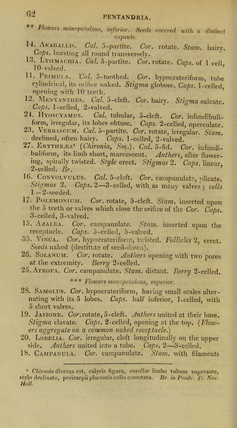 flowers monopetalous, inferior. Seeds covered with a distinct capsule. 14. Akagalus. Cal. 5-partite. Cor. rotate. Sla?n. hairv. Caps, bursting all round transversely. I. T. Lysimachia. Cal. 5-partite. Cor. rotate. Caps, of 1 cell 10-valvcd. II. Primula. 'Cal. 5-toothcd. Cor. hypocrateriform, tube cylindrical, its orifice naked. Stigma globose. Caps. 1 -celled opening with 10 teeth. 12. Menyanthes. Cal. 5-cleft. Cor. hairy. Stigma sulcate. Caps. 1-celled, 2-valved. 24. Hyoscyamus. Cal. tubular, 5-cleft. Cor. infundibuli- form, irregular, its lobes obtuse. Caps. 2-celled, operculate. 2d. Verbasoum. Cal. 5-partite. Cor. rotate, irregular. Slam. declined, often hairy. Caps. 1-celled, 2-valved. 27. Erythrasa* (Chironia, Sm.). Cal. 5-fid. Cor. infundi- buliform, its limb short, marcescent. Anthers, after flower- ing, spirally twisted. Style erect. Stigmas 2. Caps, linear. 2- celled. Br. 1 16. Convolvulus. Cal. 5-cleft. Cor. campanulate, plicate. Stigmas 2. Caps. 2—3-celled, w'ith as many valves : cells 1 — 2-seeded. 17. Polkmonium. Cor. rotate, 5-cleft. Slam, inserted upon the 5 teeth or valves which close the orifice of the Cor. Cups. 3- celled, 3-valved. 15. Azalea. Cor. campanulate. Siam, inserted upon the receptacle. Caps. 5-celled, 5-valved. 35. Vinca. Cor. hypocrateriform, twisted. Follicles 2, erect. Seeds naked (destitute of seed-down). 26. Solanum. Cor. rotate. Anthers opening with two pores at the extremity. Bern/ 2-celled. 25.Atrofa. Cor. campanulate. Stam. distant. Berry 2-celled. *** Flowers monopetalous, superior. 28. Samolus. Cor. hypocrateriform, having small scales alter- nating with its 5 lobes. Caps, half inferior, 1-celled, with 5 short valves. 19. Jasione. Cor.rotate, 5-cleft. Anthers united at their base. Stigma clavate. Caps. 2-celled, opening at the top. (Flow- ers aggregate on a common naked receptacle.) 20. Lobelia. Cor. irregular, cleft longitudinally on the upper side. Anthers united into a tube. Caps. 2—3-celled. 18. Campanula. Cor. campanulate. Slam, with filaments a Chironia diversa est, calycis figura, corollas limbo ttibum superante, stylo declinato, pericarpii placentis collo coarctato. Br. in Prodr. Ft- Nov. Hull.