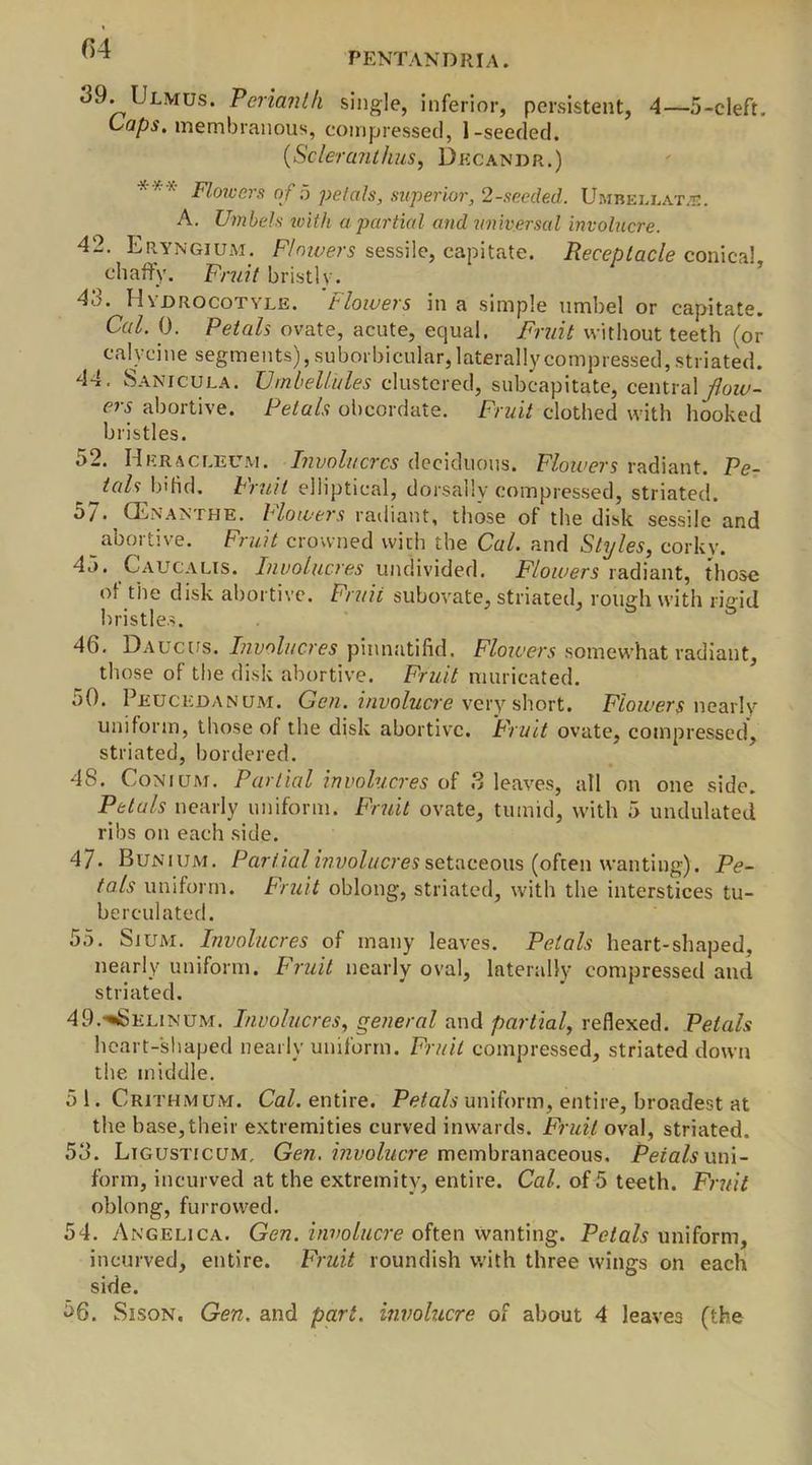 ^39. Ulmus. Perianth single, inferior, persistent, 4—5-cleft. Caps, membranous, compressed, 1-seeded. (Sclerant hus, De candr.) •x x * piowers of o petals, superior, 2-seeded. Umbellate. A. Umbels ivith a partial and universal involucre. 42. Eryngium. Flowers sessile, capitate. Receptacle conical, chaffy. Fruit bristly. 43. Hydrocotyle. Flowers in a simple umbel or capitate. Cal. 0. Petals ovate, acute, equal. Fruit without teeth (or cal)-cine segments), suborbicular, laterally compressed, striated. 44. Sanicula. UmbeUides clustered, subcapitate, central fiow- as abortive. Petals obcordate. Fruit clothed with hooked bristles. 52. Hrracleum. Involucres deciduous. Flowers radiant. Re- ntals bifid. Fruit elliptical, dorsally compressed, striated. 57. CEnanthe. Flowers radiant, those of the disk sessile and abortive. Fruit crowned with the Cal. and Styles, corky. 45. Caucalis. Involucres undivided. Flowers radiant, those of the disk abortive. Fruit subovate, striated, rough with rigid bristles. 46. Daucus. Involucres pinnatifid. Flowers somewhat radiant, those of the disk abortive. Fruit muricated. 50. Peucedanum. Gen. involucre very short. Flowers nearly uniform, those of the disk abortive. Fruit ovate, compressed, striated, bordered. 48. Conium. Partial involucres of .3 leaves, all on one side. Petals nearly uniform. Fruit ovate, tumid, with 5 undulated ribs on each side. 47. Bunium. Partial involucres setaceous (often wanting). Pe- tals uniform. Fruit oblong, striated, with the interstices tu- be r ciliated. 55. Sjum. Involucres of many leaves. Petals heart-shaped, nearly uniform. Fruit nearly oval, laterally compressed and striated. 49. <«Selinum. Involucres, general and partial, reflexed. Petals heart-shaped nearly uniform. Fruit compressed, striated down the middle. 5 1. Crithmum. Cal. entire. Petals uniform, entire, broadest at the base, their extremities curved inwards. Fruit oval, striated. 53. Ligusticum, Gen. involucre membranaceous. Petals uni- form, incurved at the extremity, entire. Cal. of 5 teeth. Fruit oblong, furrowed. 54. Angelica. Gen. involucre often wanting. Petals uniform, incurved, entire. Fruit roundish with three wings on each side.