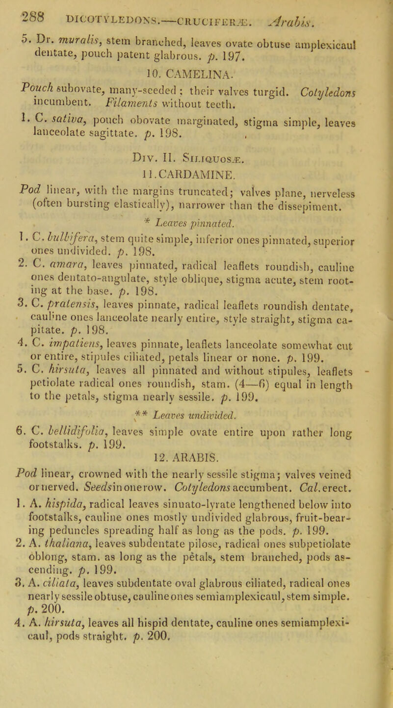 2 (S 8 DI C OT V LE DON S. C R U CIF E R J£. A I'dbis. 5. Dr. my rails, stem branched, leaves ovate obtuse amplexicaul dentate, pouch patent glabrous, p. 197. 10. € AMELIN A. Pouch sub ovate, many-seeded ; their valves turgid. Cotyledons incumbent. Filaments without teeth. 1. C. sativa, pouch obovate marginated, stigma simple, leaves lanceolate sagittate, p. 198. Div. II. Sij.iquosje. 1 l.CARDAMINE. Pod linear, with the margins truncated; valves plane, nerveless (often bursting elastically), narrower than the dissepiment. * Leaves pinnated. 1. C. lulb if era, stem quite simple, inferior ones pinnated, superior ones undivided, p. 198. 2. C. amara, leaves pinnated, radical leaflets roundish, cauline ones dentato-angulate, style oblique, stigma acute, stem root- ing at the base. p. 198. ' 3. C. pralensis, leaves pinnate, radical leaflets roundish dentate, cauhne ones lanceolate nearly entire, style straight, stigma ca- pitate. p. 198. 4. C. impatiens, leaves pinnate, leaflets lanceolate somewhat cut or entire, stipules ciliated, petals linear or none. p. 199. 5. C. hirsuta, leaves all pinnated and without stipules, leaflets petiolate radical ones roundish, stam. (4—0) equal in length to the petals, stigma nearly sessile, p. 199. ** Leaves undivided. 6. C. bellidifolia, leaves simple ovate entire upon rather long footstalks, p. 199. 12. ARAB1S. Pod linear, crowned with the nearly sessile stigma; valves veined ornerved. Sm/sinonerow. Cotyledons accumbent. Cal. erect. 1. A. hispida, radical leaves sinuato-lyrate lengthened below into footstalks, cauline ones mostly undivided glabrous, fruit-bear- ing peduncles spreading half as long as the pods. p. 199. 2. A. thaliana, leaves subdentate pilose, radical ones subpetiolate oblong, stam. as long as the petals, stem branched, pods as- cending. p. 199. 3. A. ciliata, leaves subdentate oval glabrous ciliated, radical ones nearly sessile obtuse, cauline ones semiamplexicaul,stem simple. p. 200. 4. A. hirsuta, leaves all hispid dentate, cauline ones semiamplexi- eaul, pods straight, p. 200.