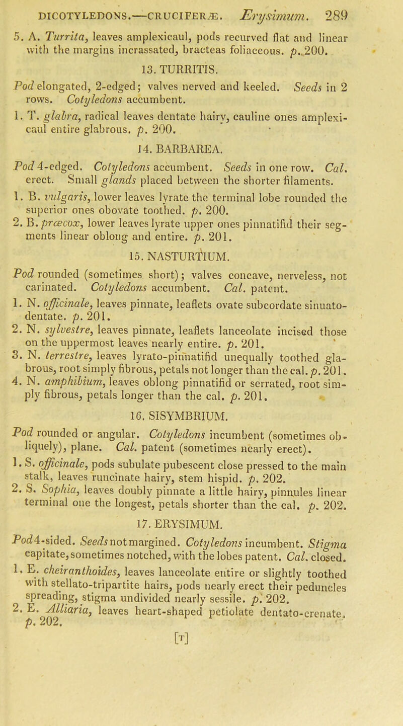 5. A. Turrit a, leaves amplexicaul, pods recurved flat and linear with the margins incrassated, bracteas foliaeeous. p.. 200. 13. TURRITIS. Pod elongated, 2-edged; valves nerved and keeled. Seeds in 2 rows. Cotyledons accumbent. 1. T. glabra, radical leaves dentate hairy, cauline ones amplexi- caul entire glabrous, p. 200. J4. BARB ARE A. Pod 4-edged. Cotyledons accmnbent. Seeds in one row. Cal. erect. Small glands placed between the shorter filaments. 1. B. vulgaris, lower leaves lyrate the terminal lobe rounded the superior ones obovate toothed, p. 200. 2. B. prcecox, lower leaves lyrate upper ones pinnatifid their seg- ments linear oblong and entire, p. 201. 15. NASTURTIUM. Pod rounded (sometimes short); valves concave, nerveless, not carinated. Cotyledons accumbent. Cal. patent. 1. N. officinale, leaves pinnate, leaflets ovate subcordate sinuato- dentate. p. 201. 2. N. sylvestre, leaves pinnate, leaflets lanceolate incised those on the uppermost leaves nearly entire, p. 201. S. N. terrestre, leaves lyrato-pinnatifid unequally toothed gla- brous, root simply fibrous, petals not longer than the cal. p. 201. 4. N. amphibium, leaves oblong pinnatifid or serrated, root sim- ply fibrous, petals longer than the cal. p. 201. 16. SISYMBRIUM. Pod rounded or angular. Cotyledons incumbent (sometimes ob- liquely), plane. Cal. patent (sometimes nearly erect). 1. S. officinale, pods subulate pubescent close pressed to the main stalk, leaves runcinate hairy, stem hispid, p. 202. 2. S. Sophia, leaves doubly pinnate a little hairy, pinnules linear terminal one the longest, petals shorter than the cal. p. 202. 17. ERYSIMUM. JW4-sided. Seeds not margined. Cotyledons incumbent. Stigma capitate, sometimes notched, with the lobes patent. Cal. closed. 1. E. clieiranthoides, leaves lanceolate entire or slightly toothed with stellato-tripartite hairs, pods nearly erect their peduncles spreading, stigma undivided nearly sessile, p. 202. 2. E.^ AUiaria, leaves heart-shaped petiolate dentato-crenate. p. 202,