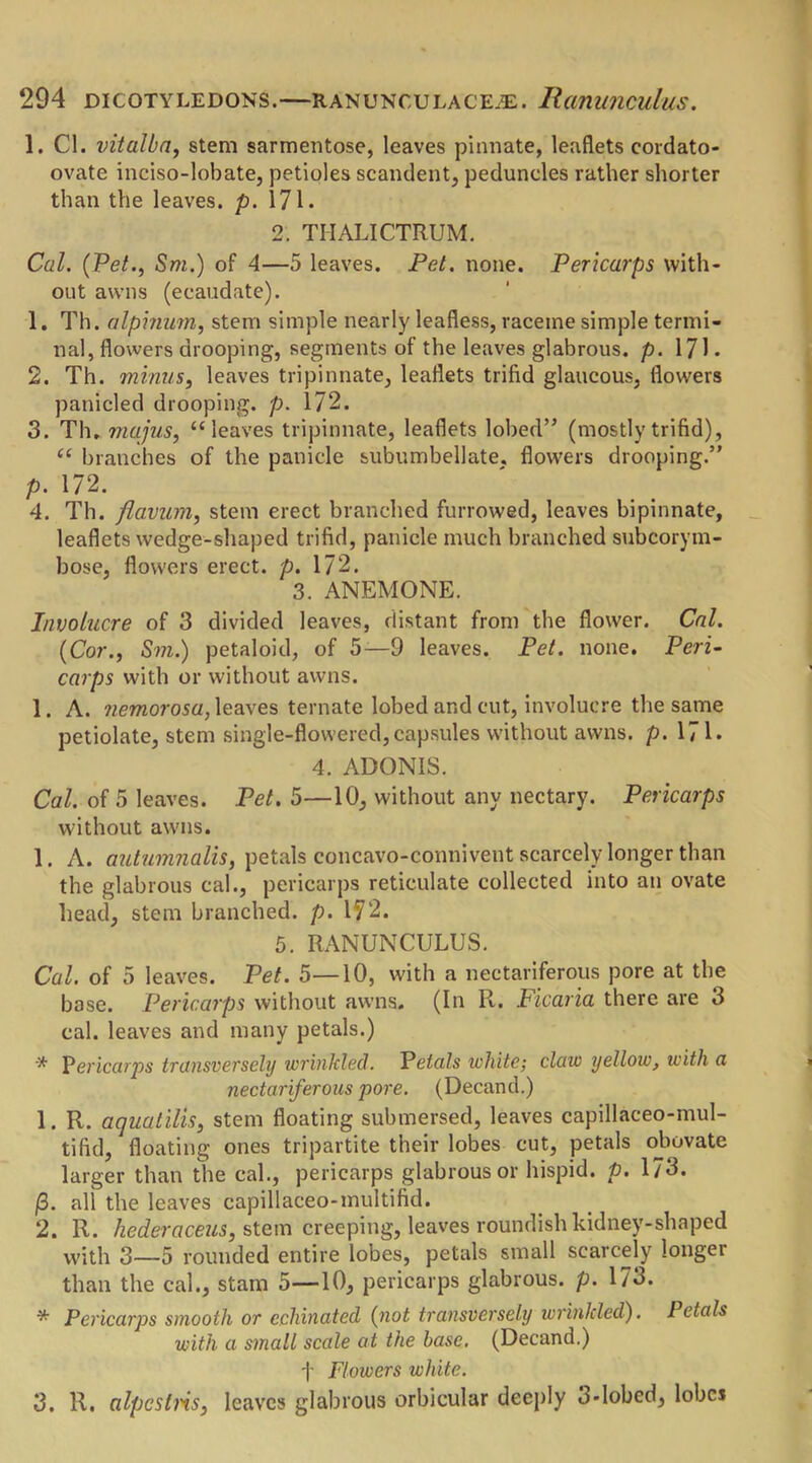 1. Cl. vitalba, stem sarmentose, leaves pinnate, leaflets cordato- ovate inciso-lobate, petioles scandent, peduncles rather shorter than the leaves, p. 171. 2. THALICTRUM. Cal. (Pet., Sm.) of 4—5 leaves. Pet. none. Pericarps with- out awns (ecaudate). 1. Th. alpinum, stem simple nearly leafless, raceme simple termi- nal, flowers drooping, segments of the leaves glabrous, p. 171. 2. Th. minus, leaves tripinnate, leaflets trifid glaucous, flowers panicled drooping, p. 172. 3. Th. majus, “leaves tripinnate, leaflets lobed” (mostly trifid), “ branches of the panicle subumbellate, flowers drooping.” p. 172. 4. Th. flaviLm, stem erect branched furrowed, leaves bipinnate, leaflets wedge-shaped trifid, panicle much branched subcorym- bose, flowers erect, p. 172. 3. ANEMONE. Involucre of 3 divided leaves, distant from the flower. Cal. (Cor., Sm.) petaloid, of 5-—9 leaves. Pet. none. Peri- carps with or without awns. 1. A. nemorosa, leaves ternate lobed and cut, involucre the same petiolate, stem single-flowered,capsules without awns. p. 171. 4. ADONIS. Cal. of 5 leaves. Pet. 5—10, without any nectary. Pericarps without awns. 1. A. autumnalis, petals concavo-connivent scarcely longer than the glabrous cal., pericarps reticulate collected into an ovate head, stem branched, p. 172. 5. RANUNCULUS. Cal. of 5 leaves. Pet. 5—10, with a nectariferous pore at the base. Pericarps without awns. (In R. Ficaria there are 3 cal. leaves and many petals.) * Pericarps transversely wrinkled. Petals white’, claw yellow, with a nectariferous pore. (Decand.) 1. R. aquatilis, stem floating submersed, leaves capillaceo-mul- tifid, floating ones tripartite their lobes cut, petals obuvate larger than the cal., pericarps glabrous or hispid, p. 173. |3. all the leaves capillaceo-multifid. 2. R. hederaceus, stem creeping, leaves roundish kidney-shaped with 3—5 rounded entire lobes, petals small scarcely longer than the cal., stain 5—10, pericarps glabrous, p. 173. * Pericarps smooth or ecliinated (not transversely wrinkled). Petals with a small scale at the base. (Decand.) f Flowers white. 3. R. alpcslns, leaves glabrous orbicular deeply 3-lobcd, lobcj