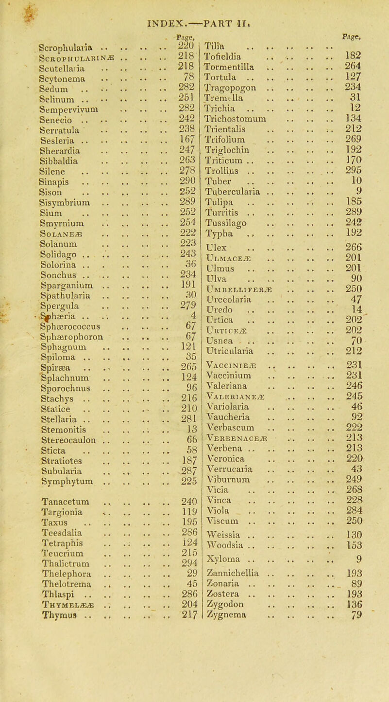 Scrophularia .. ScROPHULARINiE Scutellaria Scytonema Sedum Selinuin .. Sempervivum Senecio Serratula Sesleria .. Sherardia Sibbaldia Silene Sinapis Sison Sisymbrium Siam Smyrnium SoLANE* Solanum Solidago .. Solorina .. Sonchus .. Sparganium .. Spathularia Spergula S^ihaeria .. Sphcerococcus Sphaerophoron Sphagnum Spiloma .. Spiraea Splachnum Sporochnus Stachys Statice Stellaria .. Stemonitis Stereocaulon .. Sticta Stratiotes Subularia Symphytum .. Tanacetum Targionia i. Taxus Teesdalia Tetraphis Teucrium Thalictrum Thelephora Thelotrema .« Thlaspi .. Thymelae/e .. Thymus .. Tilia Page, Tofieldia .. 182 Tormentilla .. 264 Tortula .. 127 Tragopogon .. .. 234 Tremc 11a .. .. 31 Trichia 12 Trichostomum .. 134 Trientalis .. 212 Trifolium .. 269 Triglochin .. 192 Triticum .. 170 Trollius .. 295 Tuber 10 Tubercularia .. 9 Tulipa .. 185 Turritis .. 289 Tussilago .. 242 Typha .. 192 Ulex .. 266 Ulmace.e .. 201 Ulmus .. 201 Ulva .. 90 UftlBERlilFERxB • . • .. 250 Urceolaria .. 47 Uredo 14 Urtica .. 202 URTICEiE .. 202 Usnea 70 Utricularia 212 Vaccinie.e 231 Vaccinium . .. 231 Valeriana . .. 246 Valeriane^e • • • . .. 245 Variolaria . .. 46 Vaucheria 92 V erbascum .. .. 222 VEREENACEiE .. .. 213 Verbena .. .. 213 Veronica .. .. 220 Verrucaria .... 43 Viburnum .. .. 249 Vicia .. .. 268 Vinca .. .. 228 Viola .. .. 284 Viscum .. .. 250 Weissia .. .. 130 Woodsia .. .. 153 Xyloma .... 9 Zannichellia .. .. .. 193 Zonaria .... 89 Zostera Zygodon .. .. 136 Zvgnema .... 79 Page, 220 218 218 78 282 251 282 242 238 167 247 263 278 290 252 289 252 254 222 223 243 36 234 191 30 2 79 4 67 67 121 35 265 124 96 216 210 281 13 66 58 187 28 7 225 240 119 195 286 124 215 294 29 45 286 204 217