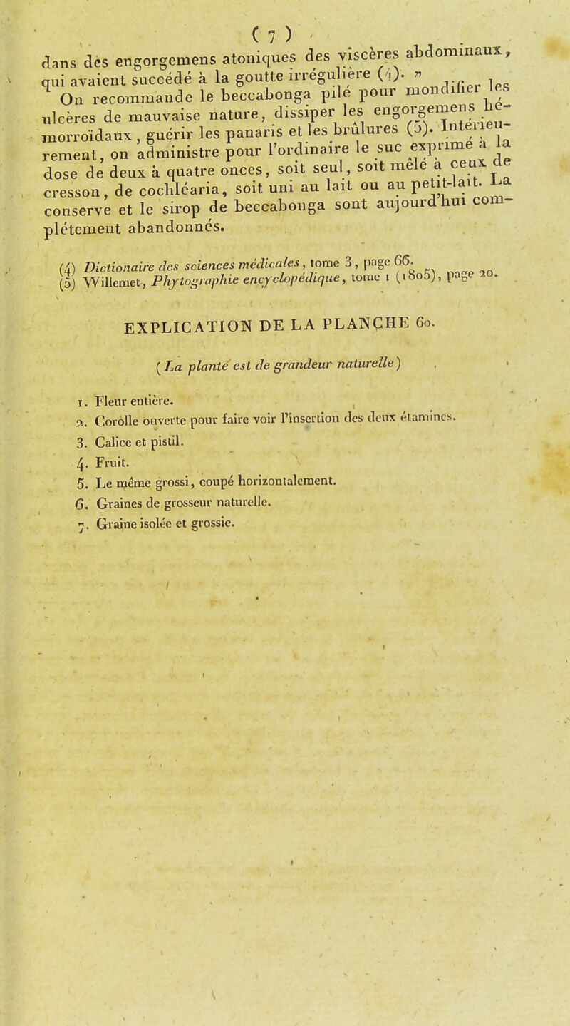 dans des engorgemens atoniques des visceres abdonainaux, qui avaient succede a la goutte irregu here (/,). » 1 On recommaude le beccabonga pile pour mondMer les ulceres de mauvaise nature, dissiper■ les ^g^^f^ morroidaux , guerir les panaris et les brulures (5). lntei eu rement, on administre pour l'ordinaire le sue ^prime a la dose de deux a qnatre onces, soil seul, soit mele a ceux de cresson, de cochlearia, soit uni au lait ou au petit-lait. La conserve et le sirop de beccabonga sont aujourdhm com- pletement abandonnes. (A) Dictionaire des sciences mcdic.ales, tome 3, page 66. (5) Willemet-, Ph/tographie encyclopedique, tome i (iSoo), paBe 20. EXPLICATION DE LA PLANCHE 60. (La plante est de grandeur naturelle) 1. Flenr entiere. 3. Corblle ouvcrte pour faire voir l'lnseruori des deux etamirics. 3. Calice et pistil. 4. Fruit. 5. Le meme grossi, coupe horizontalcment. 6. Graines de grosseur naturelle. 7. Graine isolee et grossie. 1